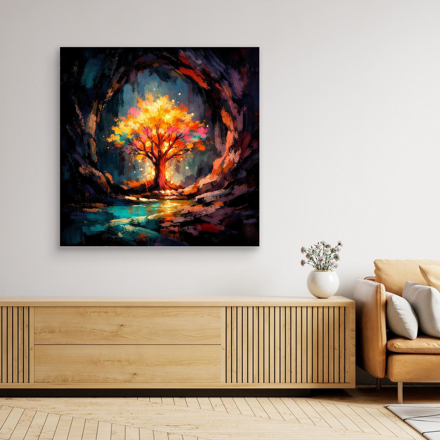 Abstract life tree canvas painting with bright orange-yellow tree light, black frame