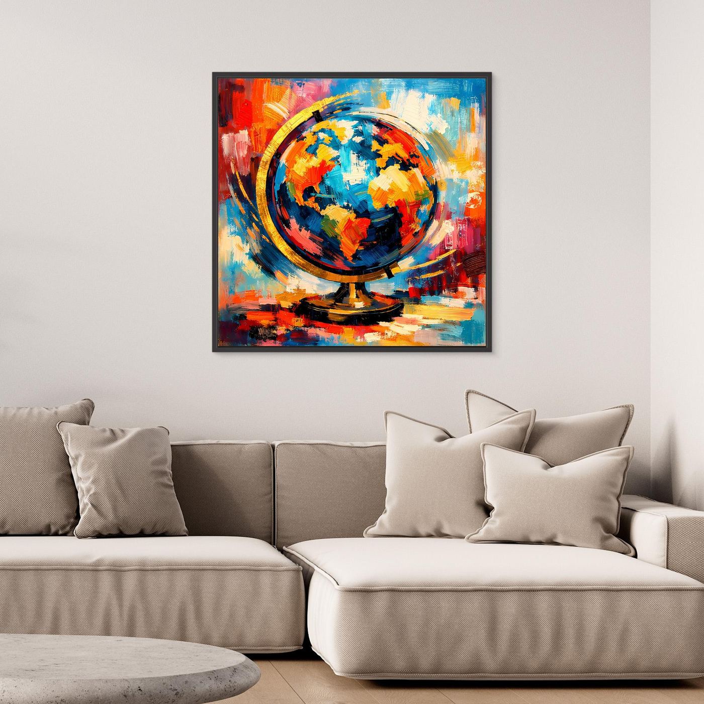 Abstraktes Leinwandbild mit Globus und Weltkarte, bunte Pop-Art, schwarzer Rahmen