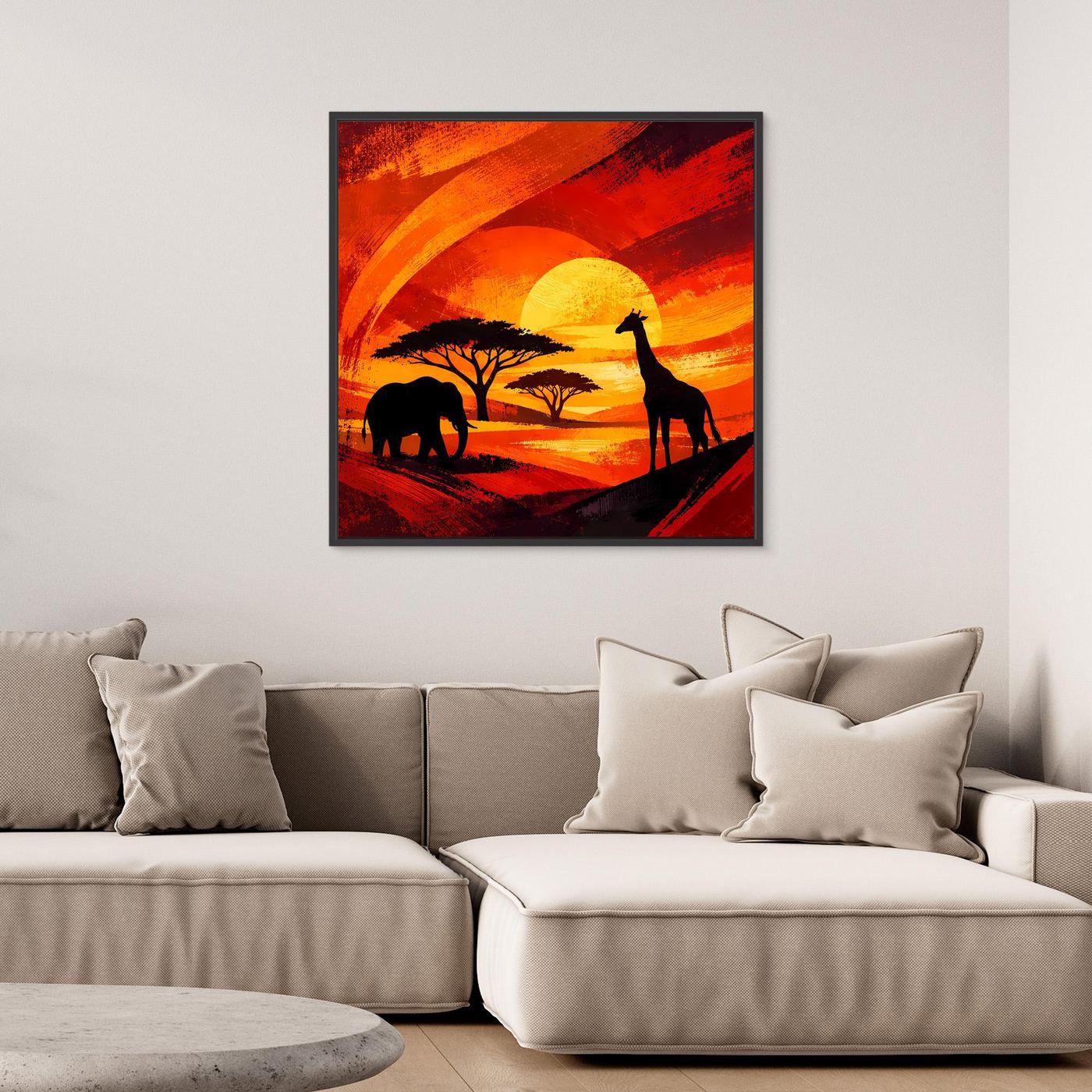 Gerahmtes Leinwandbild mit Elefant- und Giraffensilhouetten, afrikanische Savanne im Sonnenlicht
