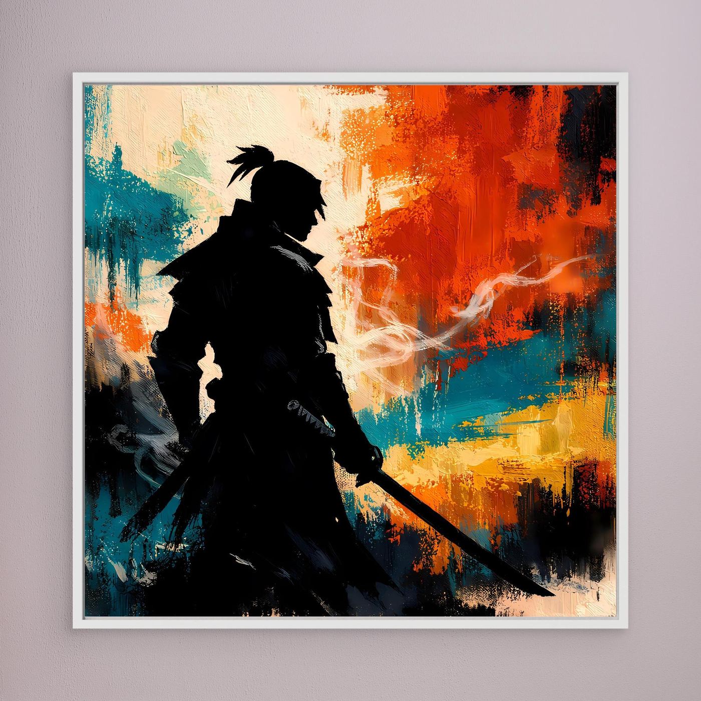 Wandbild mit Samurai-Silhouette und abstrakten Farbflecken, weißer Rahmen