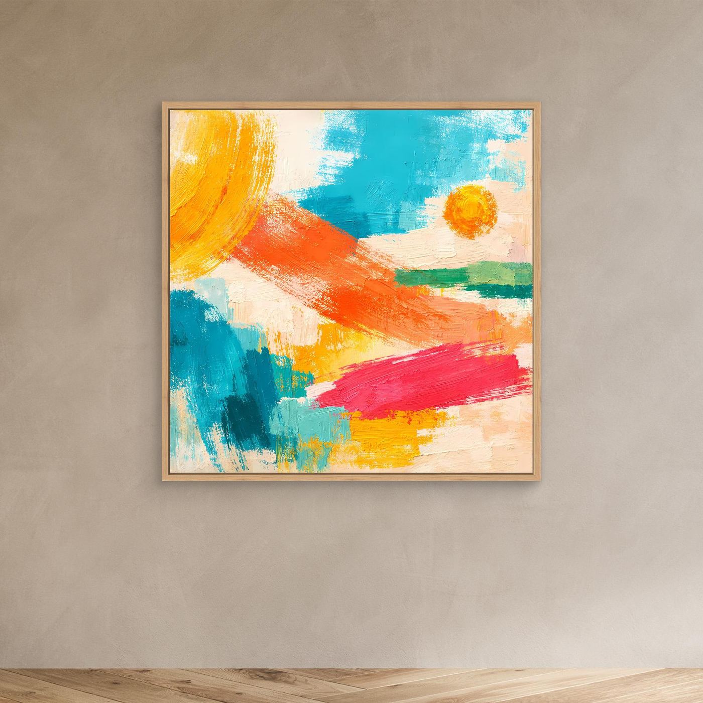 Abstract canvas wall art with orange, teal, blue, yellow, and red brushstrokes; oak frame.
