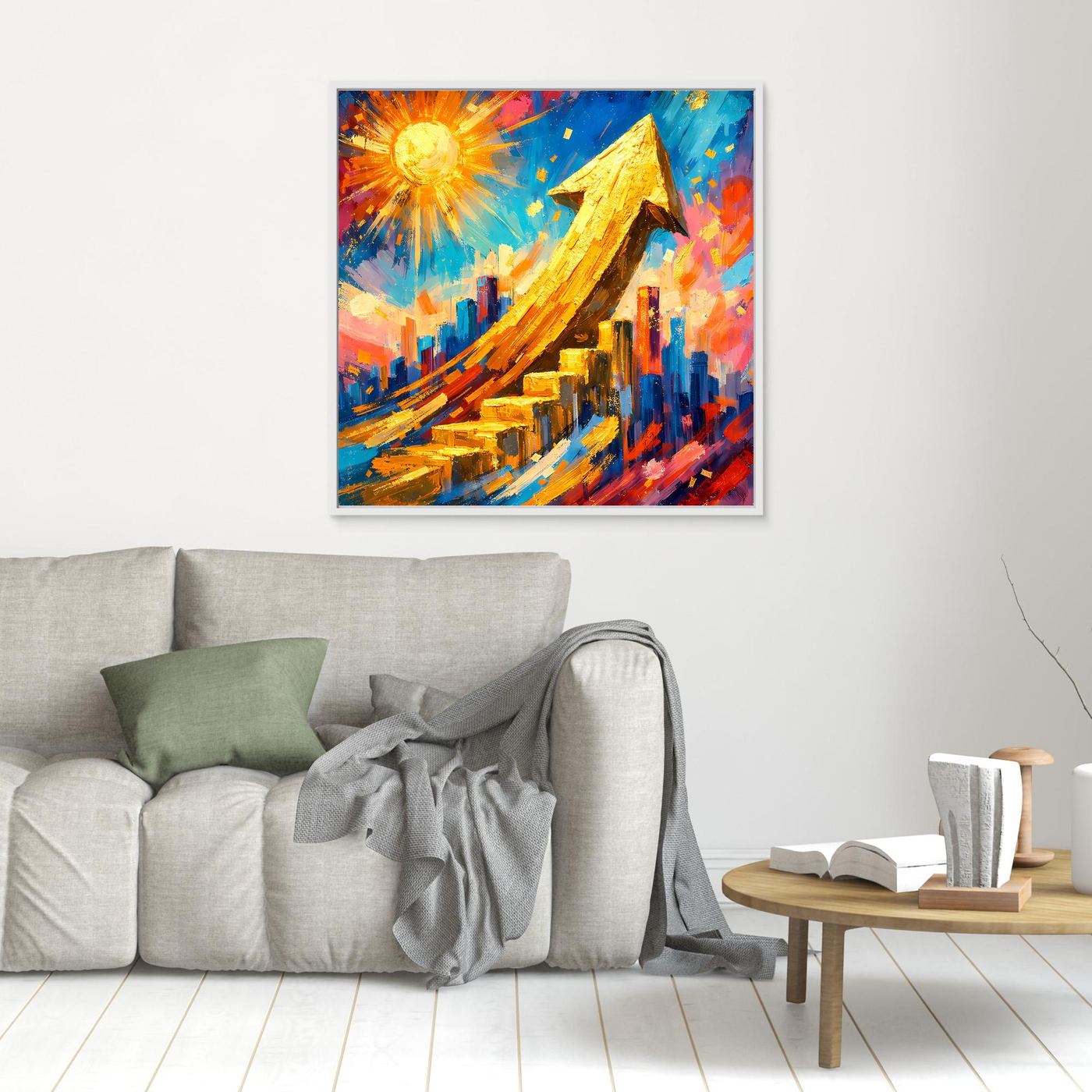 Wandbild mit goldenem Pfeil und bunten Hochhäusern, abstrakte Farbpunkte