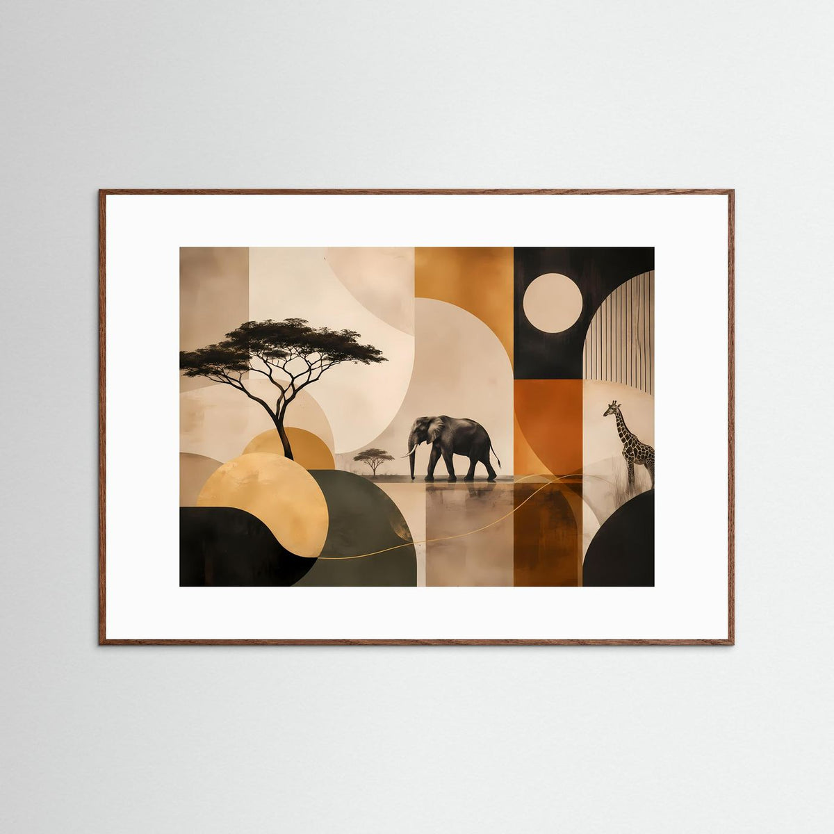 Poster Querformat mit Elefant- und Giraffensilhouetten, abstrakte Afrikaformen, dunkler Holzrahmen