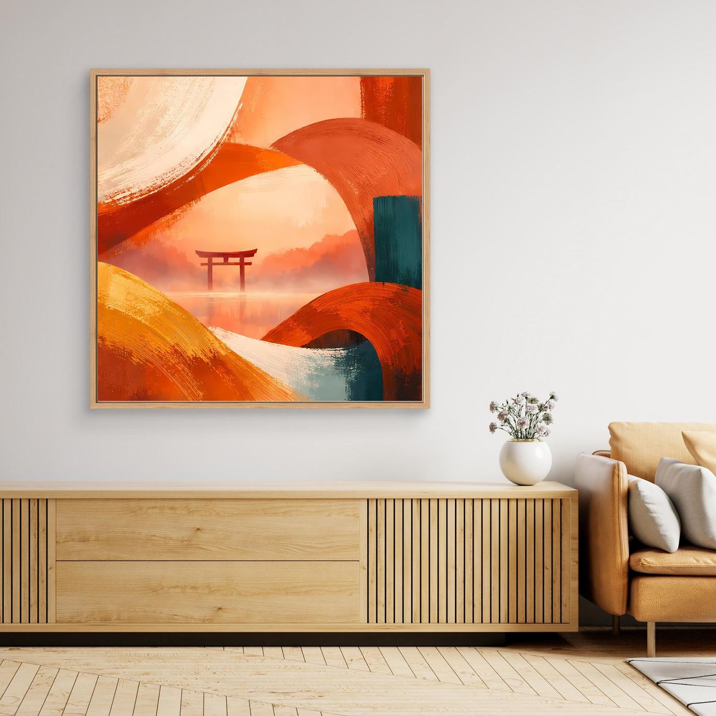 Gerahmtes Leinwandbild: abstrakte Torii-Darstellung in Orange, Rot und Blaugrün