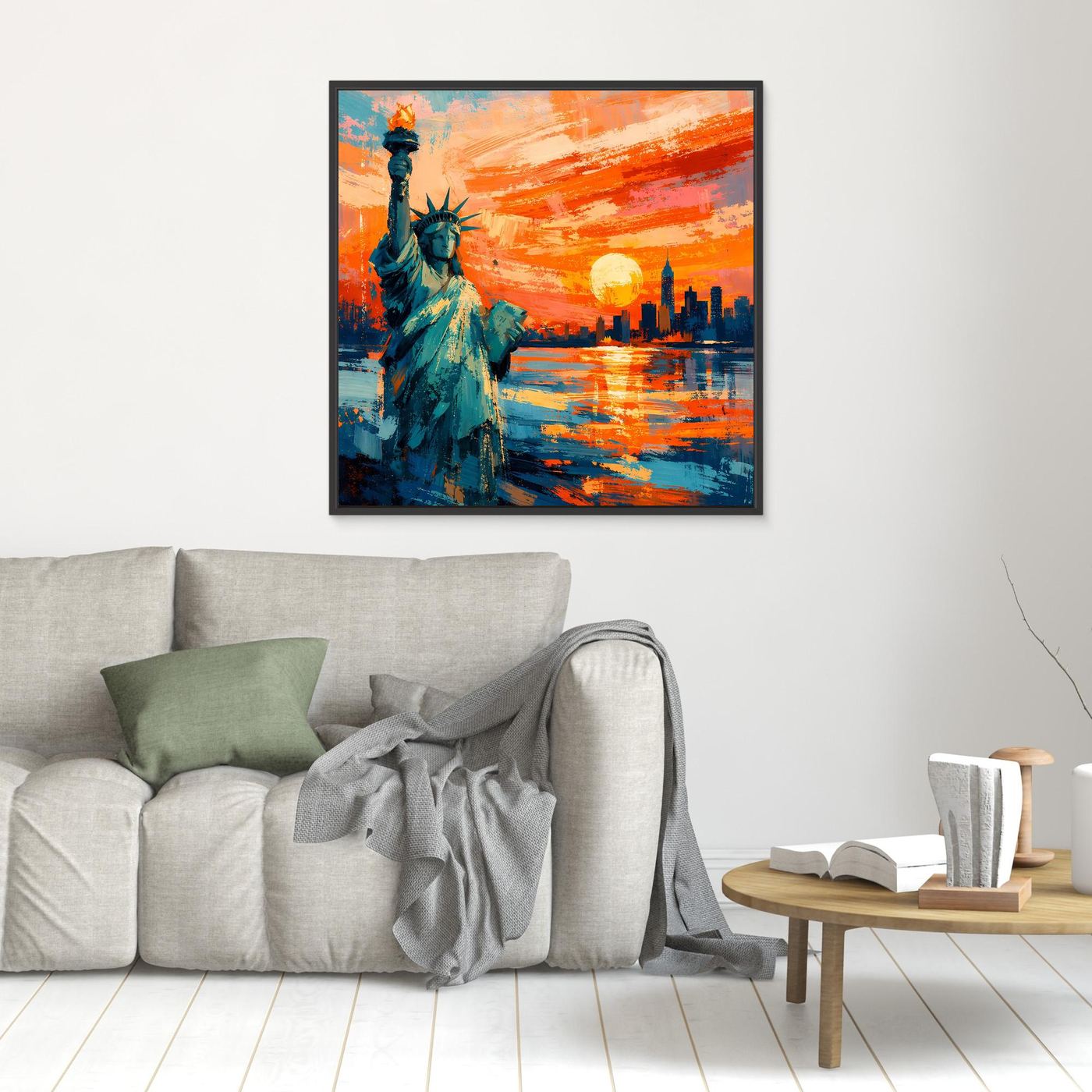 Leinwand-Wandbild (klein) mit Freiheitsstatue türkis, orangefarbener Sonnenuntergang, dunkler Rahmen