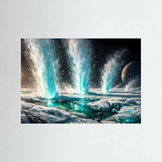 Querformatiges Poster mit dampfenden Geysiren, eisiger Landschaft und türkisfarbenen Fontänen, schwarz gerahmt
