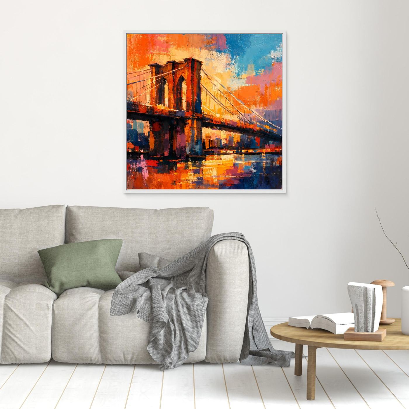 Kleines abstraktes Leinwand-Wandbild Brooklyn-Brücke, orange-blau, weißer Rahmen