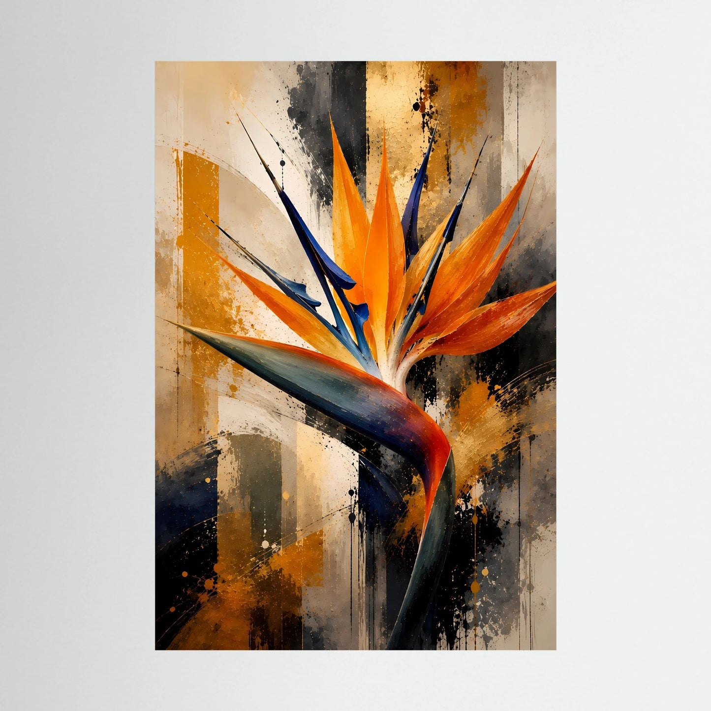 Abstraktes Poster im Hochformat mit orange-blauer Strelitzie und goldenen Akzenten