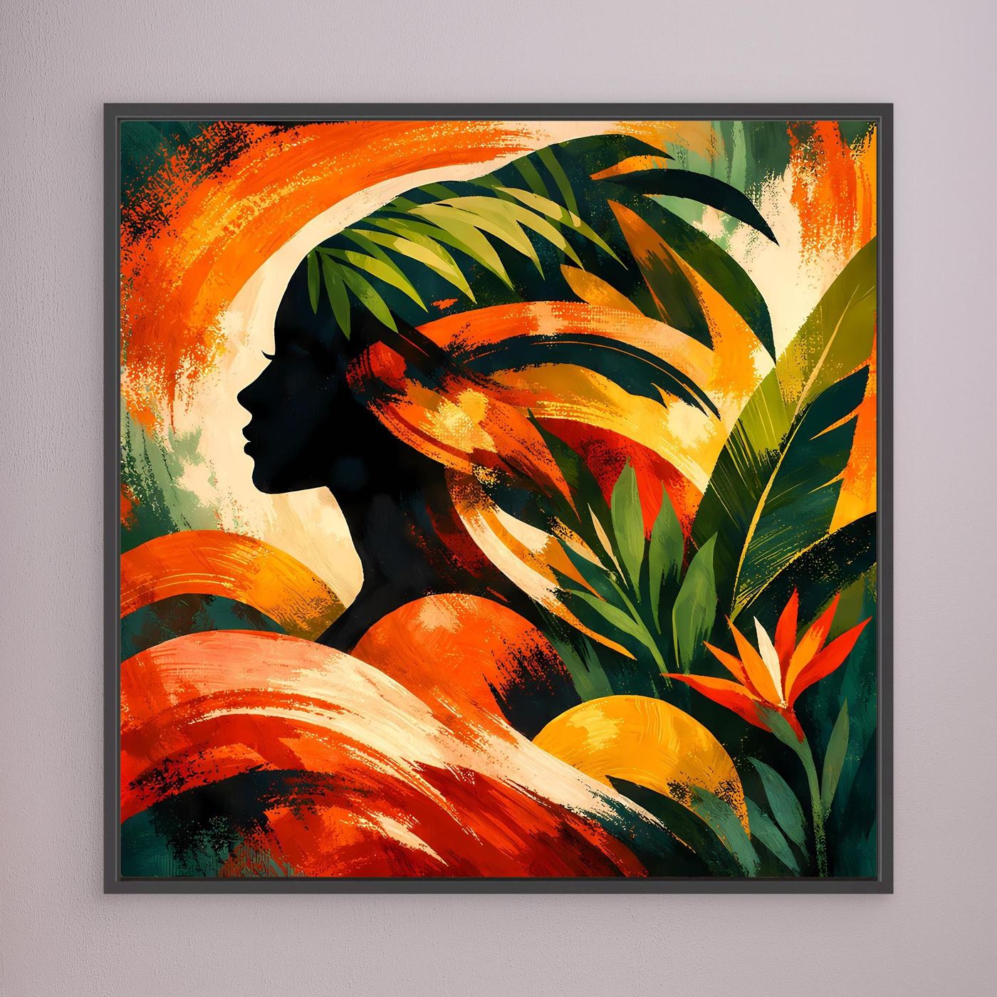 Leinwandbild mit tropischer Frauensilhouette, Palmen und Farbflächen in Orange, abstrakt, dunkler Rahmen