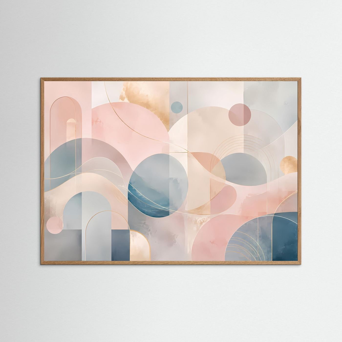 Abstrakte Geometrische Formen in Pastellrosa, Blau & Beige | Moderne Minimalistische Wandkunst mit Bögen, Kreisen und Goldenen Linien | Elegantes Premium Wandbild im Querformat