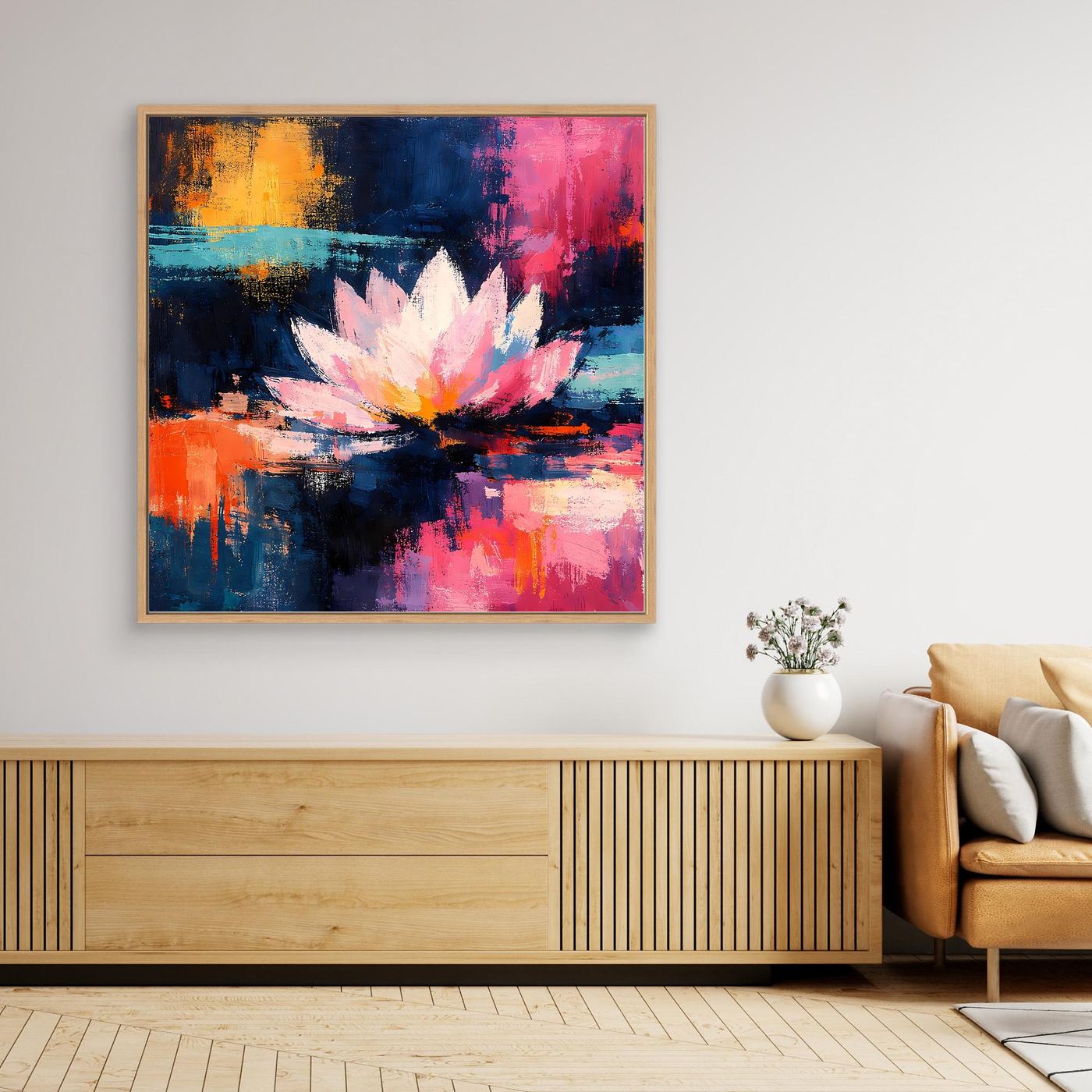 Gerahmtes Leinwandbild: Lotusblüte in Weiß und Pink, abstrakte Blau-Rot-Komposition mit Rahmen.