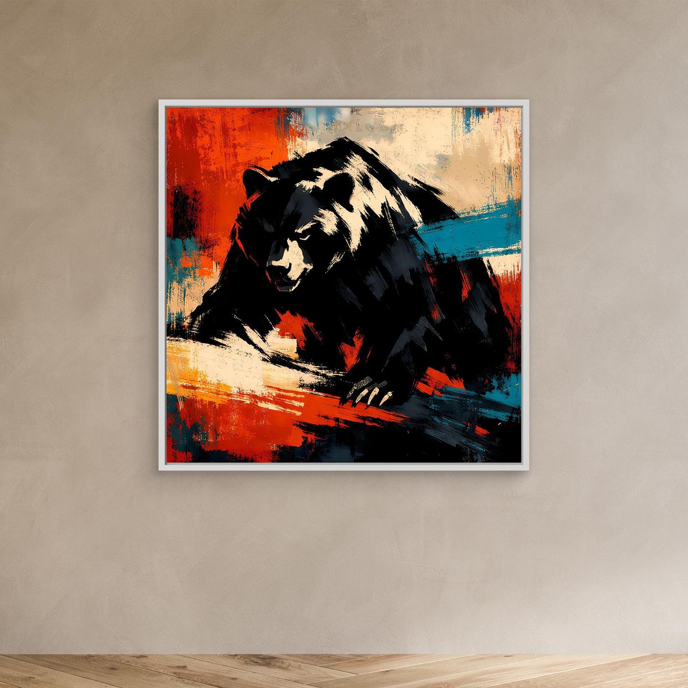 Leinwand-Wandbild mit Grizzlybär ohne Rahmen, abstrakt in Rot, Blau und Schwarz