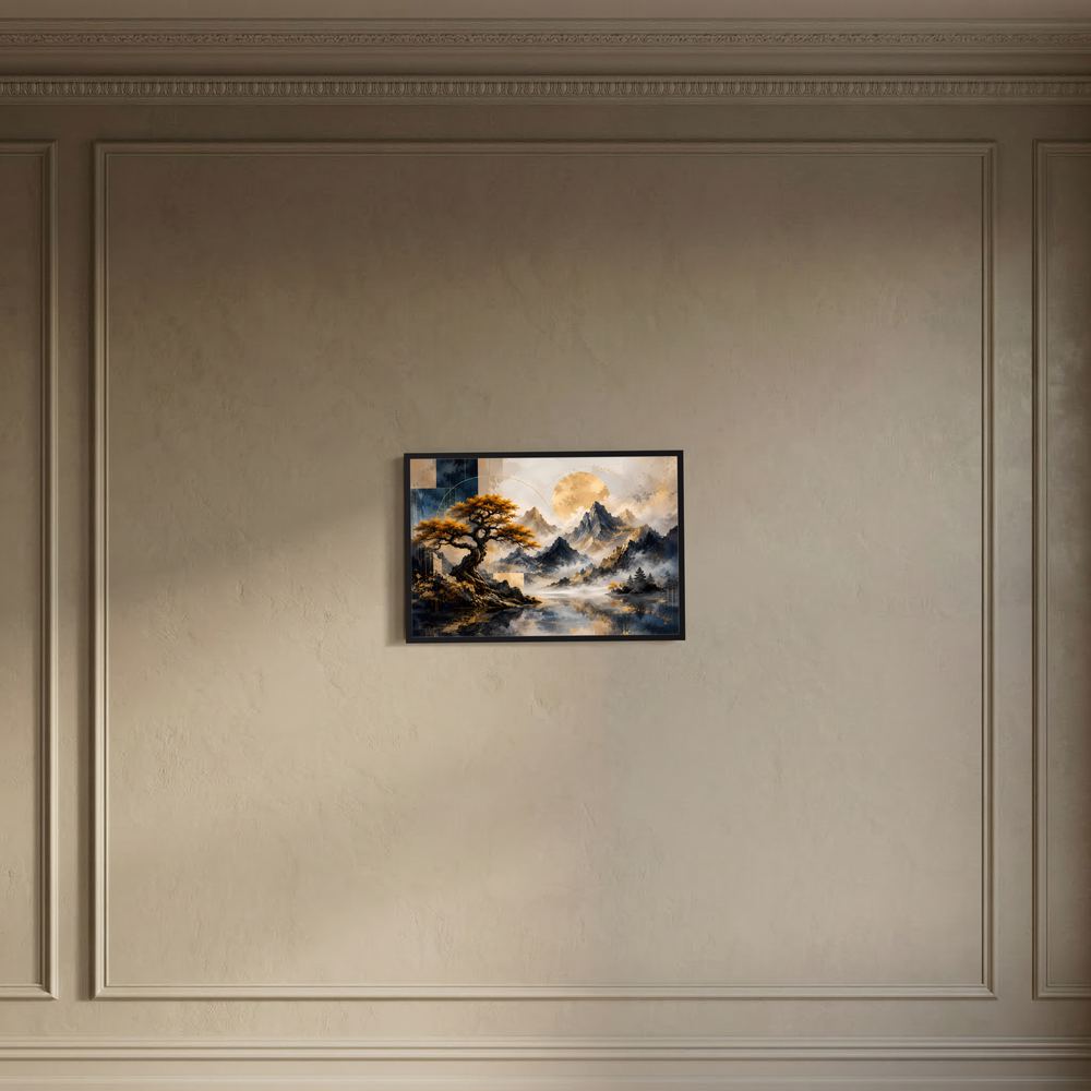 Gerahmter Posterprint, schwarzer Rahmen: goldener Baum und Berge in Blau und Gold