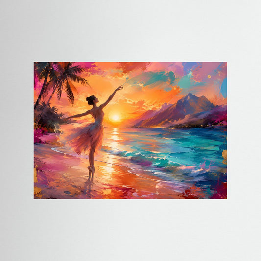 Ballett-Poster mit Silhouette einer Tänzerin am Strand bei Sonnenuntergang, farbenfrohes Motiv