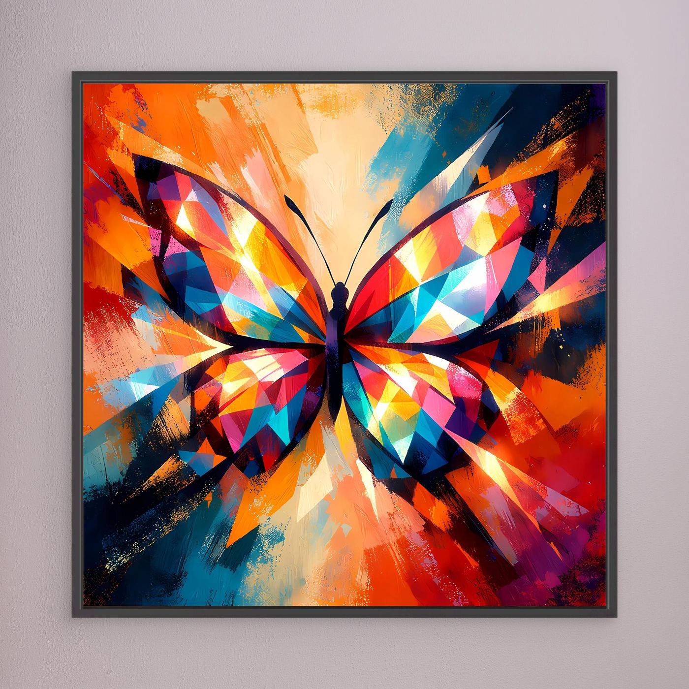 Wandbild mit buntem geometrischem Schmetterling, schwarzer Rahmen