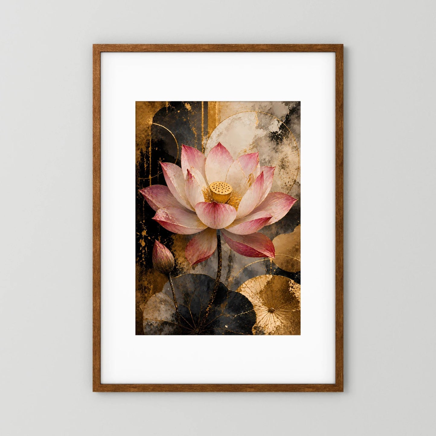 Rosa Lotusblüte in Gold & Schwarz | Elegante florale Kunst | Poster Hochformat