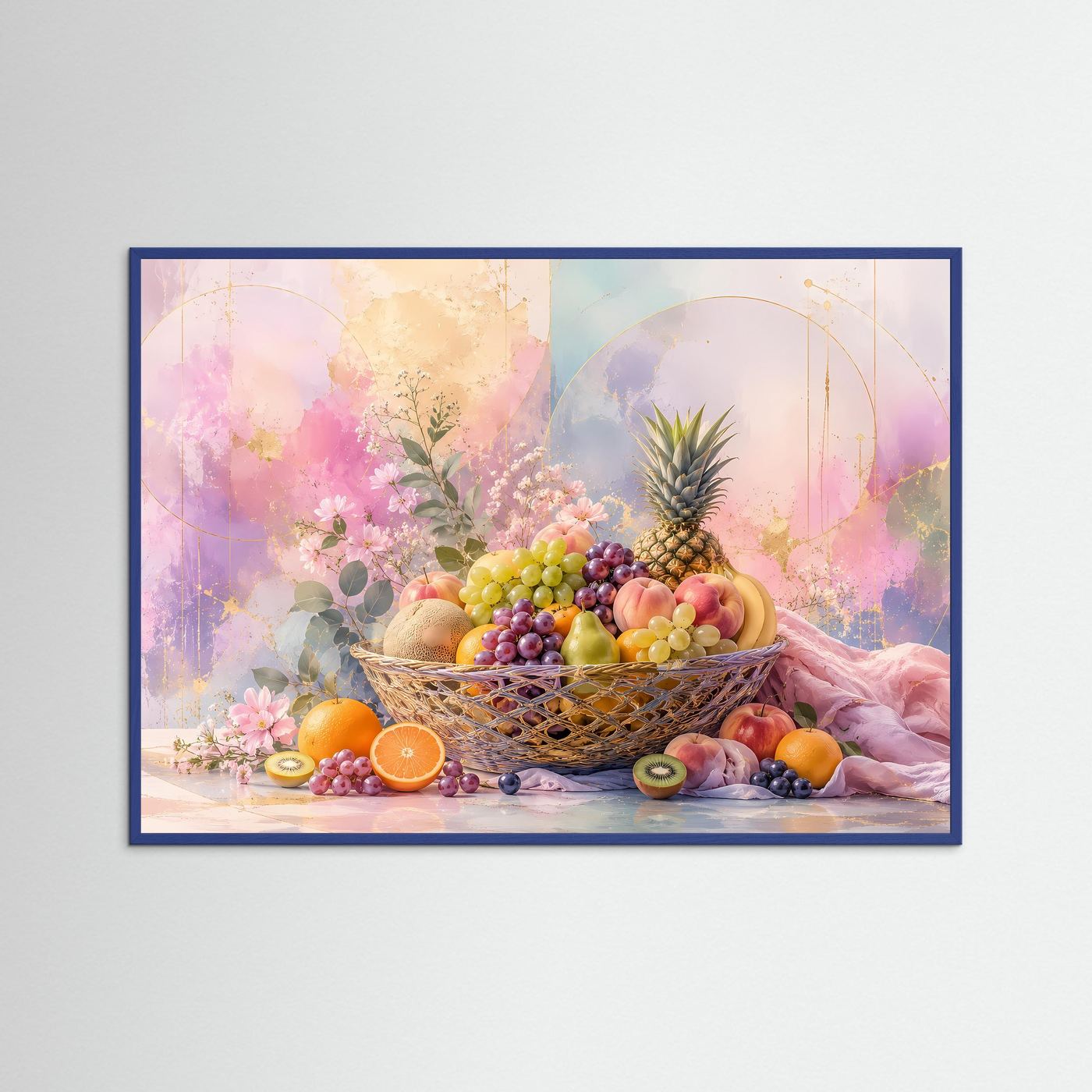 Abstrakter Obstkorb in Pastell | Elegantes Stillleben mit Früchten & Blüten