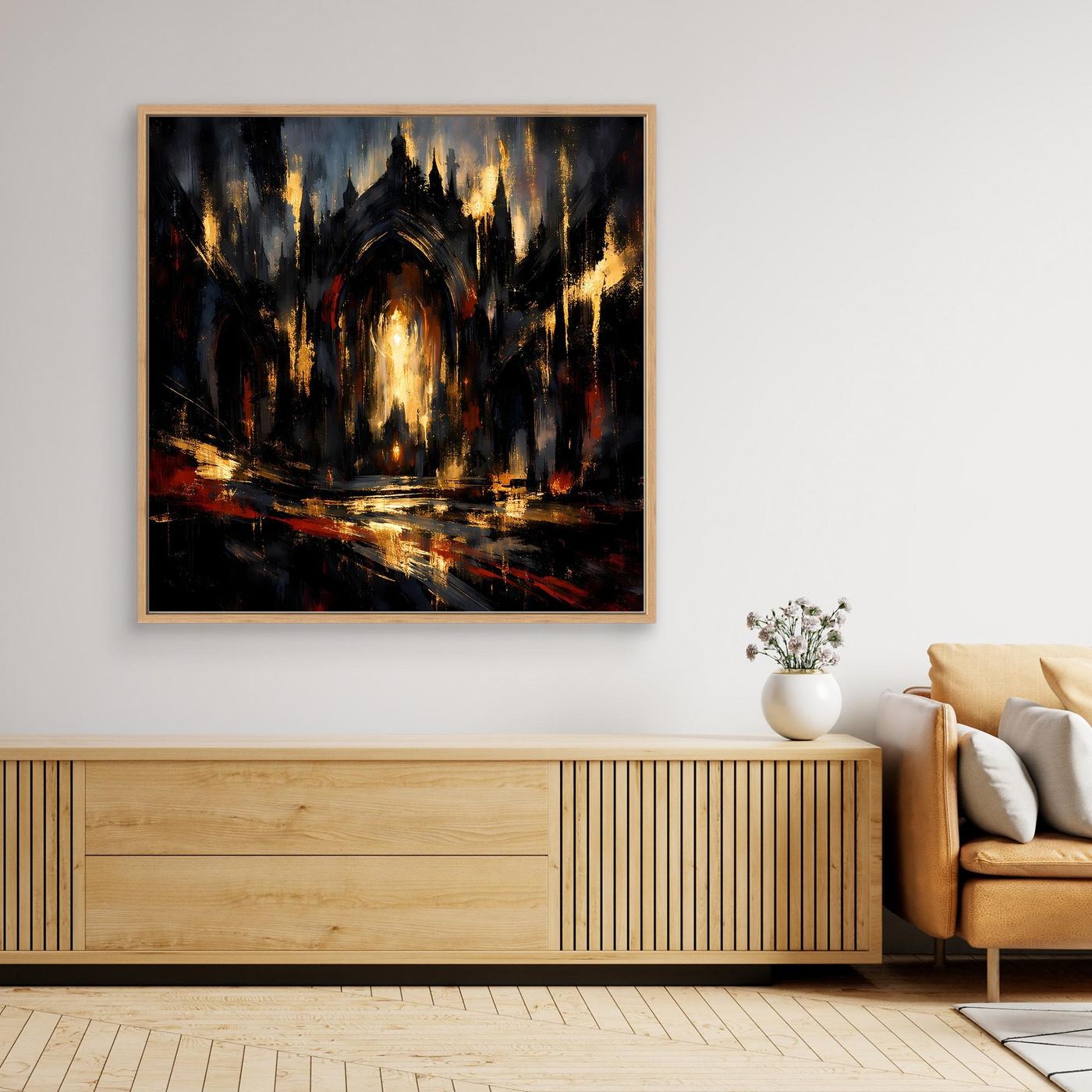Leinwandbild abstrakte gotische Kathedrale, dunkel, goldene Lichter, goldbrauner Rahmen