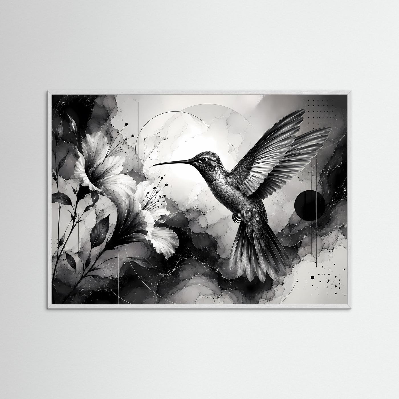Kolibri Wandbild Schwarz Weiß | Hibiskus Blüten Poster | Moderne Botanische Wandkunst | Minimalistische Vogel Kunst | Leinwand Fine Art