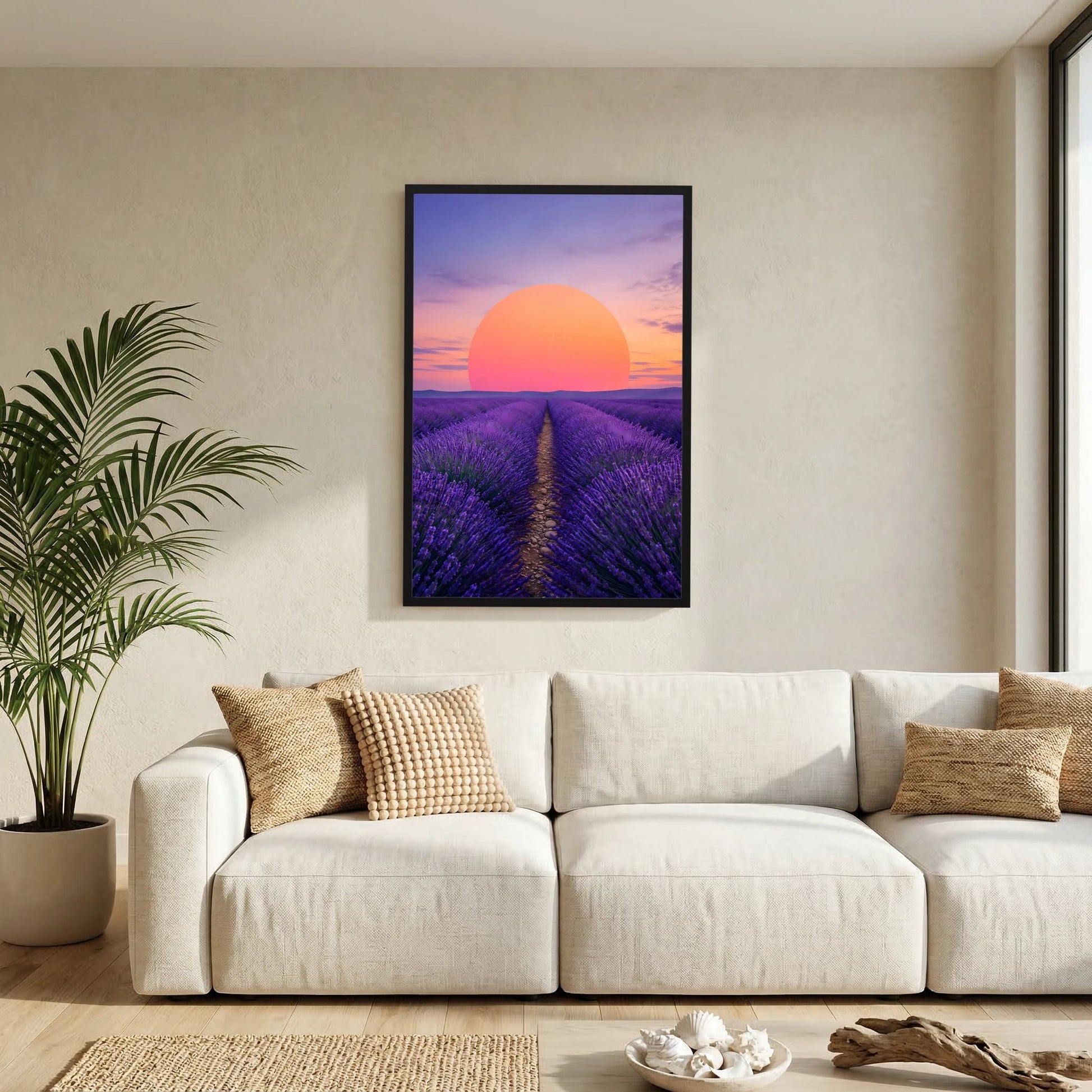 Wandposter im Hochformat mit lila Lavendelfeld und großer orangefarbener Sonne