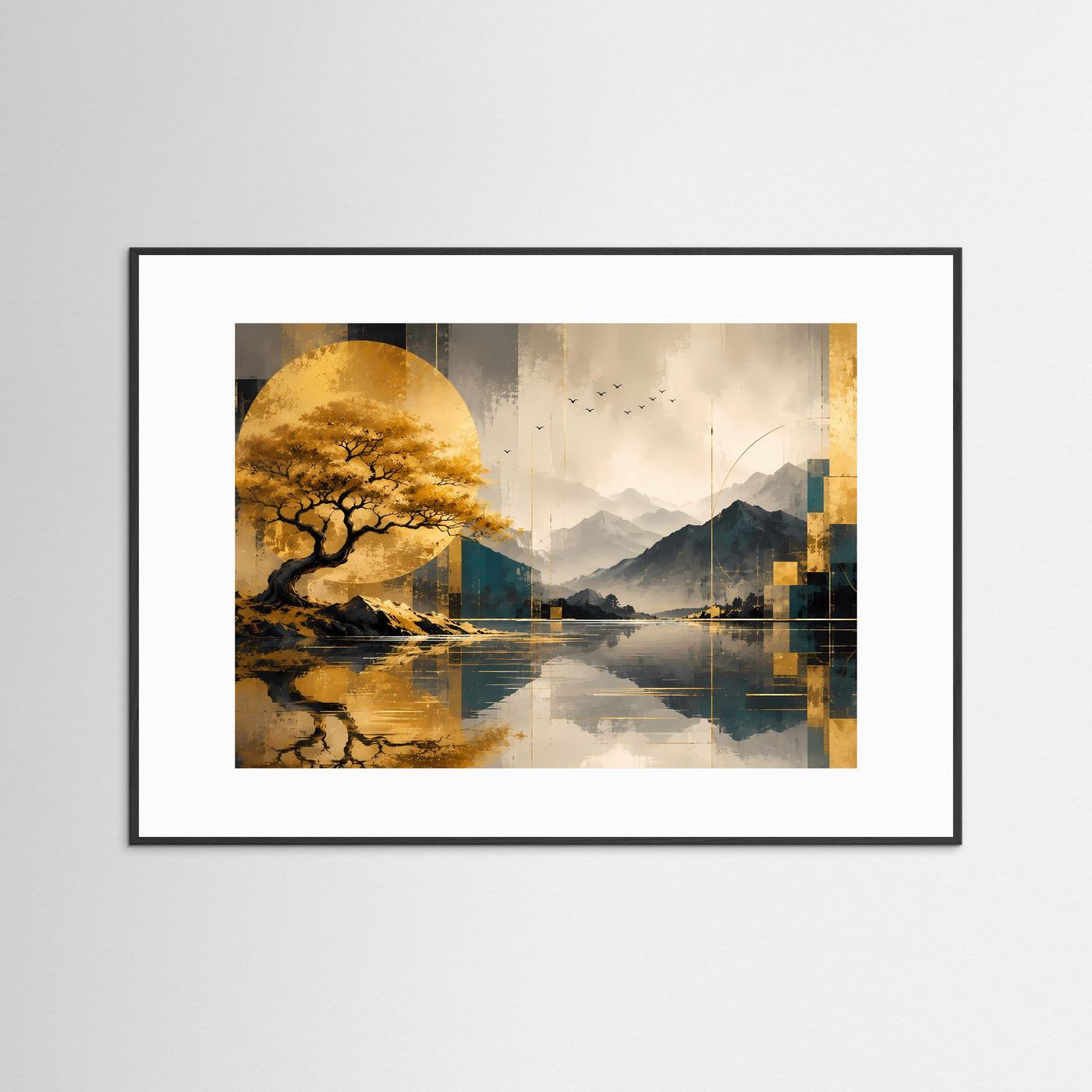 Landschaftsposter mit weißem Passepartout: goldener Baum am See, schwarzer Rahmen