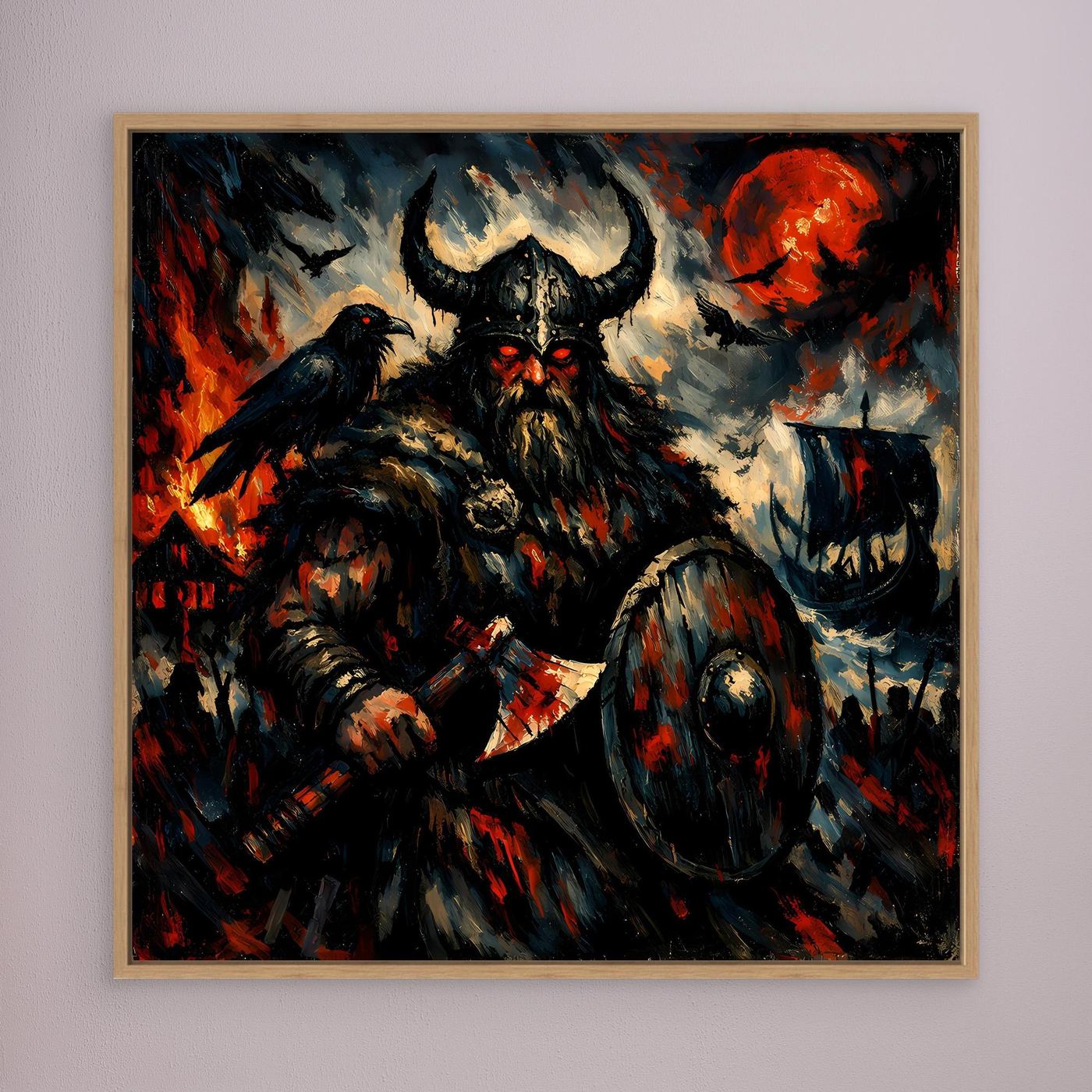 Leinwand Düsterer Wikinger-Krieger unter dem Blutmond | Expressives Nordmann Wandbild