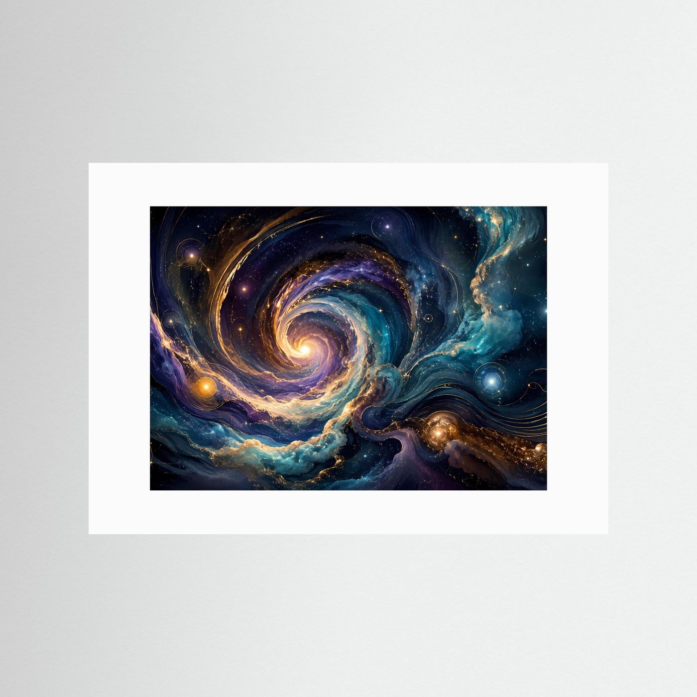 Querformat-Poster mit Spiralnebel in Blau, Türkis und Gold, weißer Rand ohne Rahmen