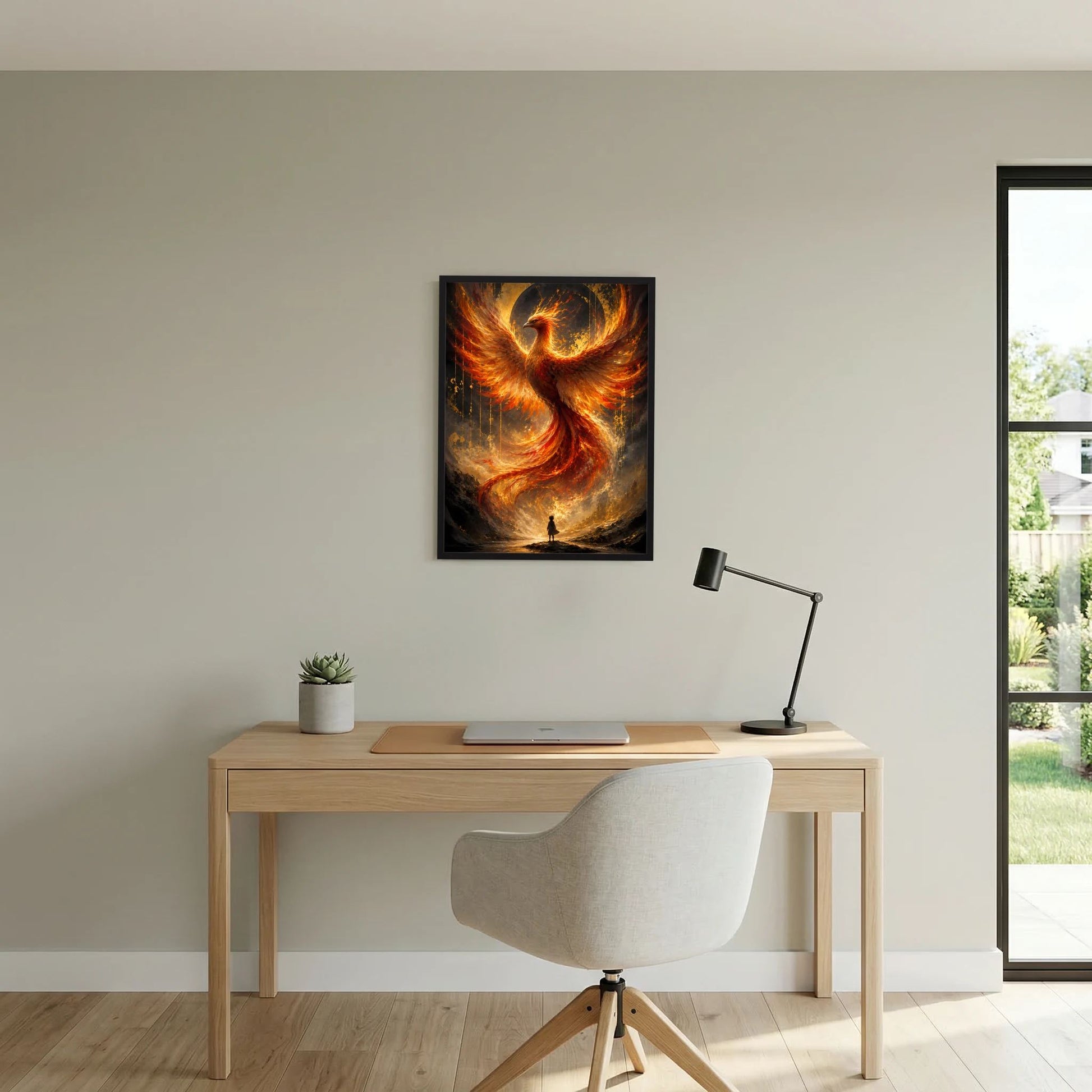 Hochformat-Poster mit Phönix aus Feuer in Gold-Orange, schwarzer Rahmen über hellem Schreibtisch