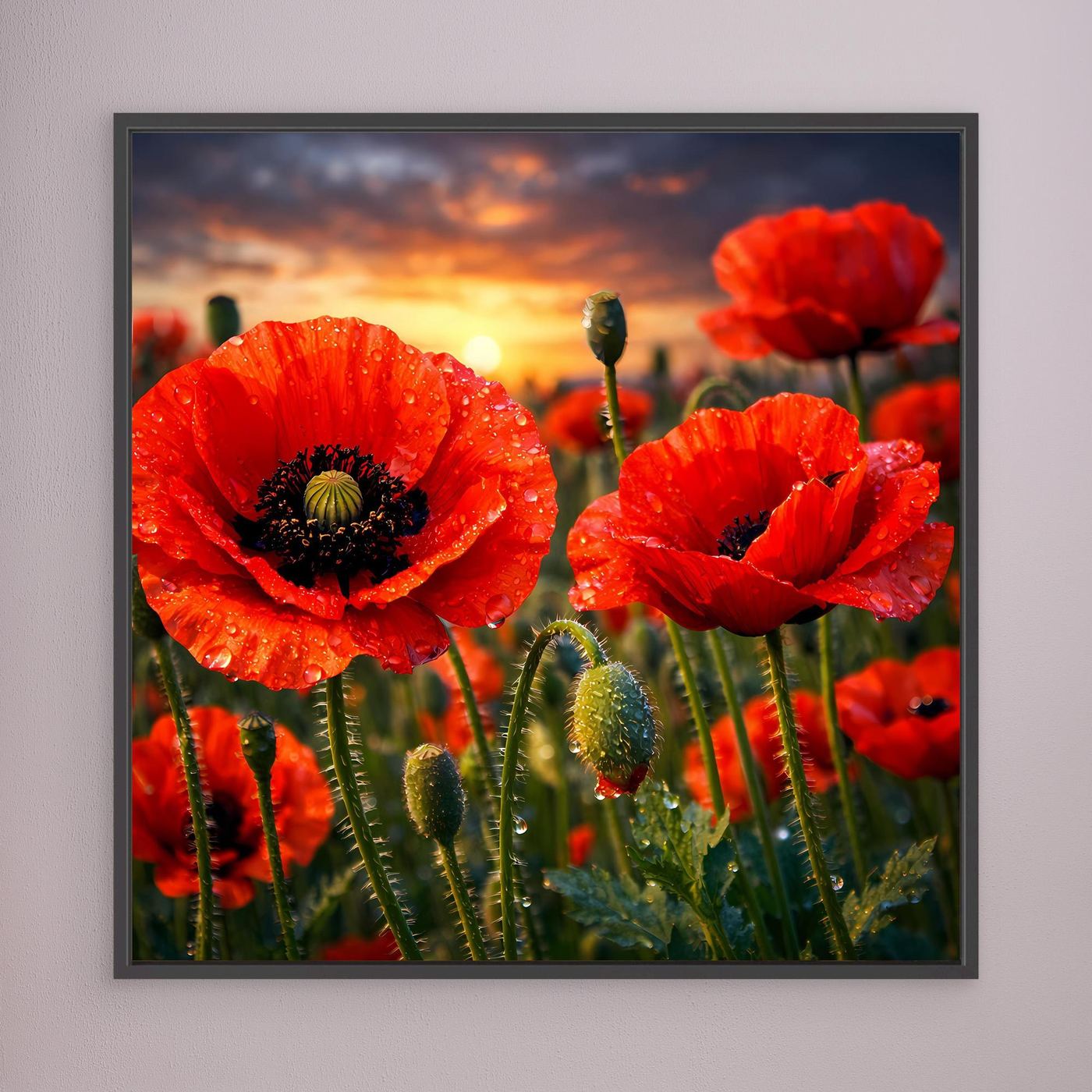 Gerahmtes Leinwandbild mit rotem Klatschmohn im Abendhimmel, dunkler Rahmen