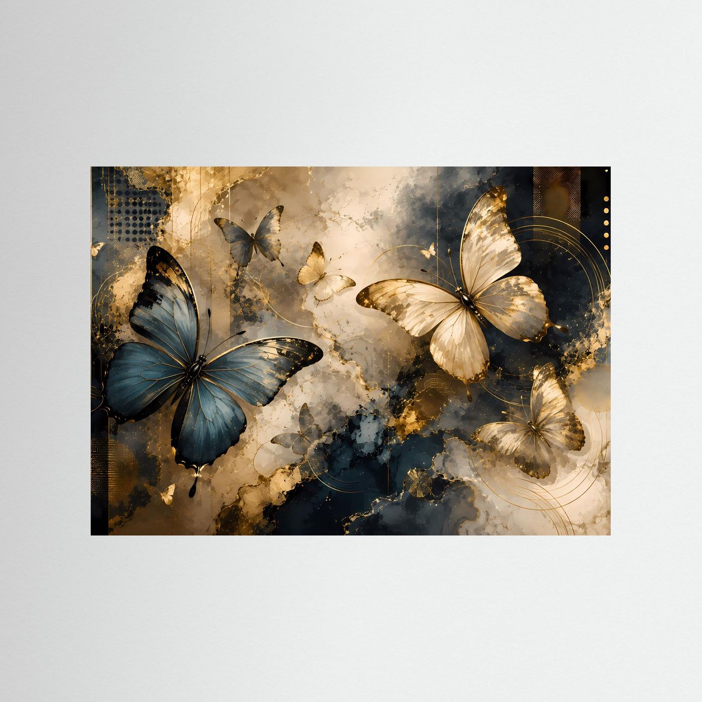 Schmetterlingsposter im Querformat mit blauem und beigem Design, schwarzer Rahmen