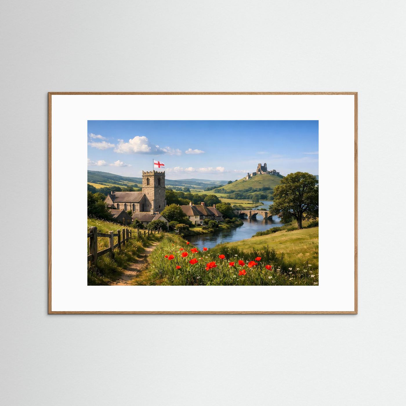 Naturposter Querformat mit hellbraunem Holzrahmen: Burgruine, Fluss und Mohnblumen
