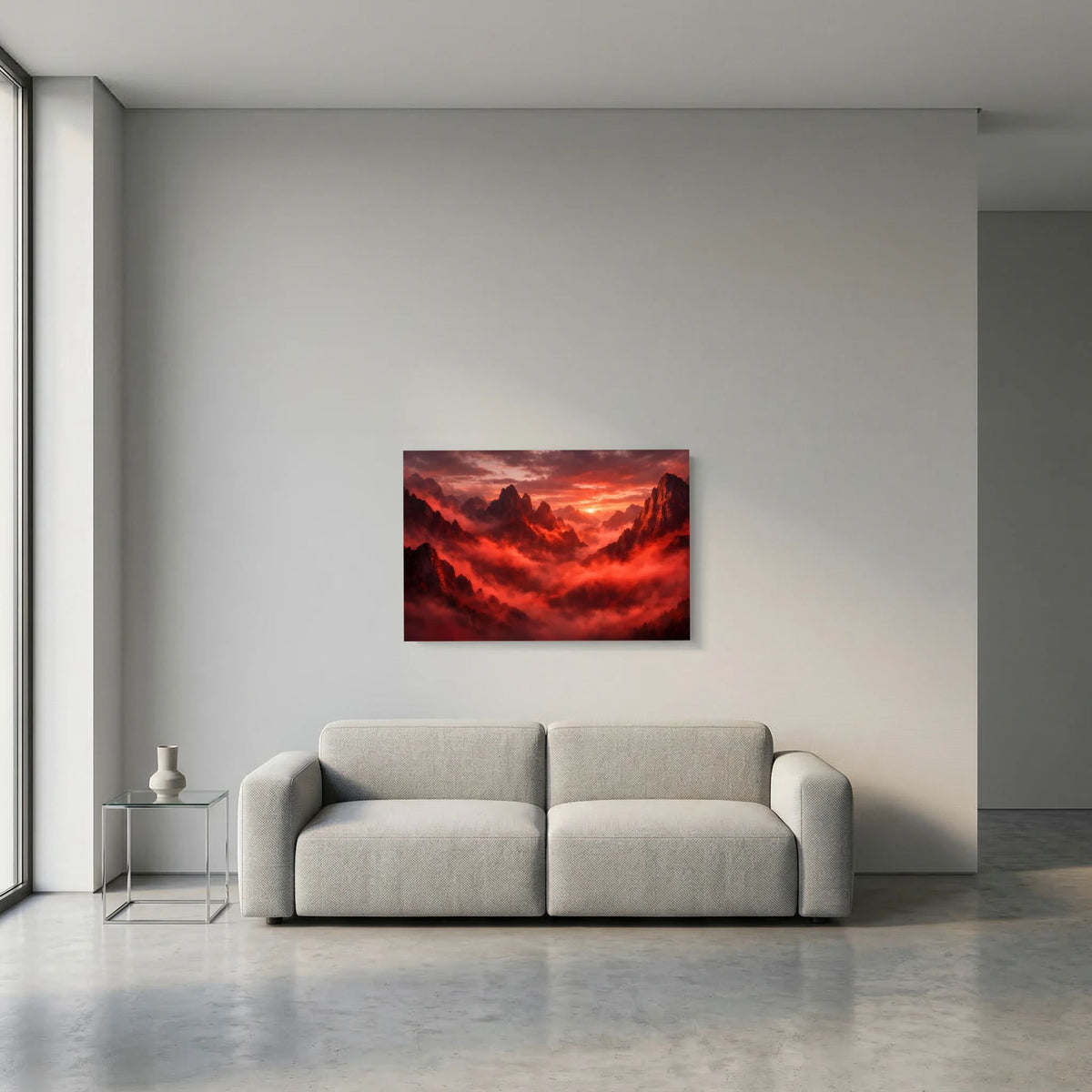 Kleines horizontales Wandbild mit roten Bergen und Nebel bei Sonnenuntergang