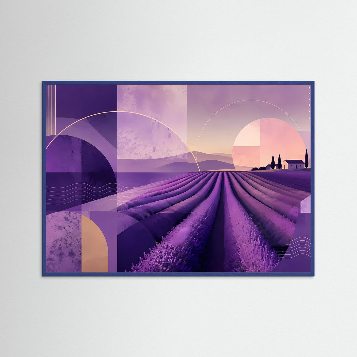 Abstrakte Lavendellandschaft in Violett und Rosa mit Halbkreisen, dunkler Rahmen.