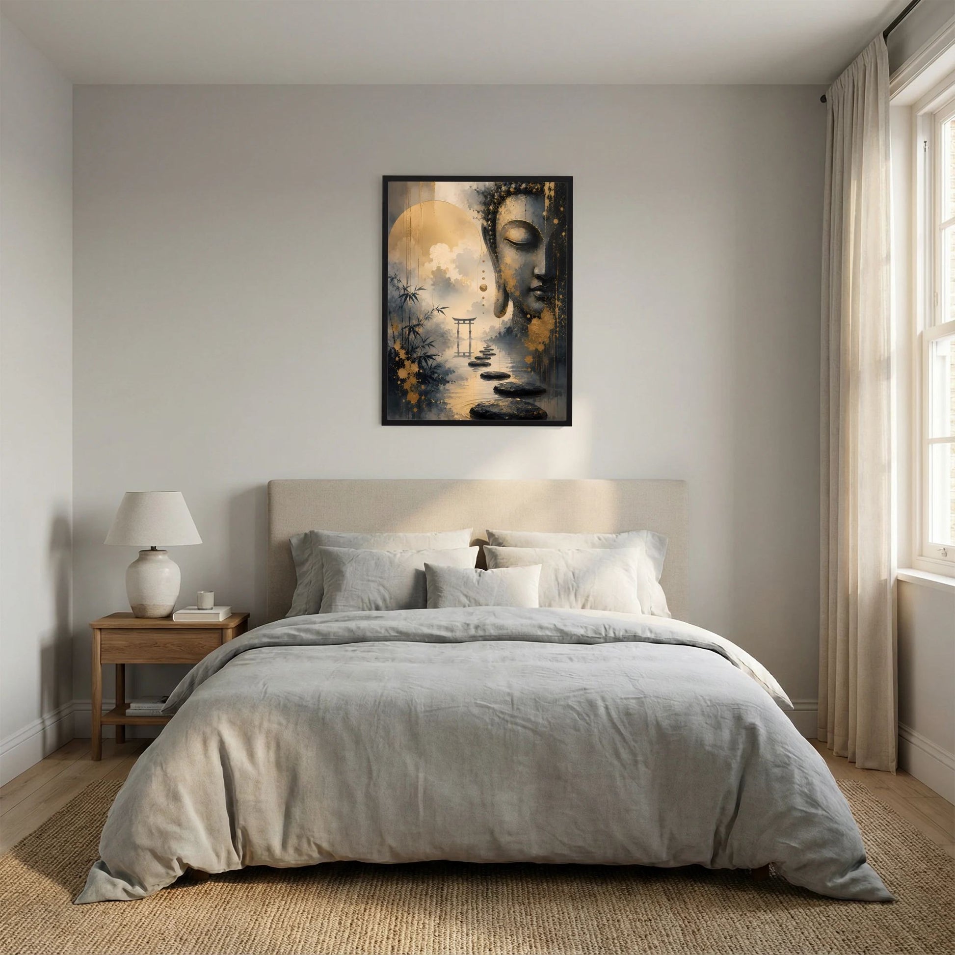 Hochformatiges Poster mit Buddha in Goldtönen und Schwarz, ruhige Wasserlandschaft mit Torii, schwarz gerahmt