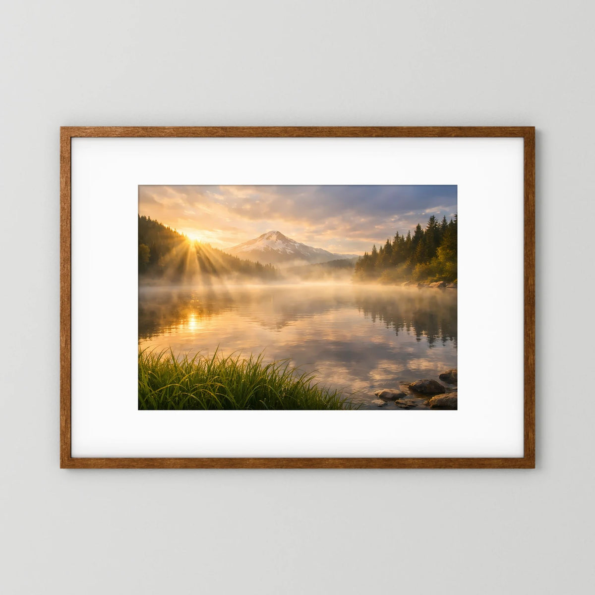 Querformatiges Wandbild im dunklen Holzrahmen: See, Berge, Nebel und warmes Licht