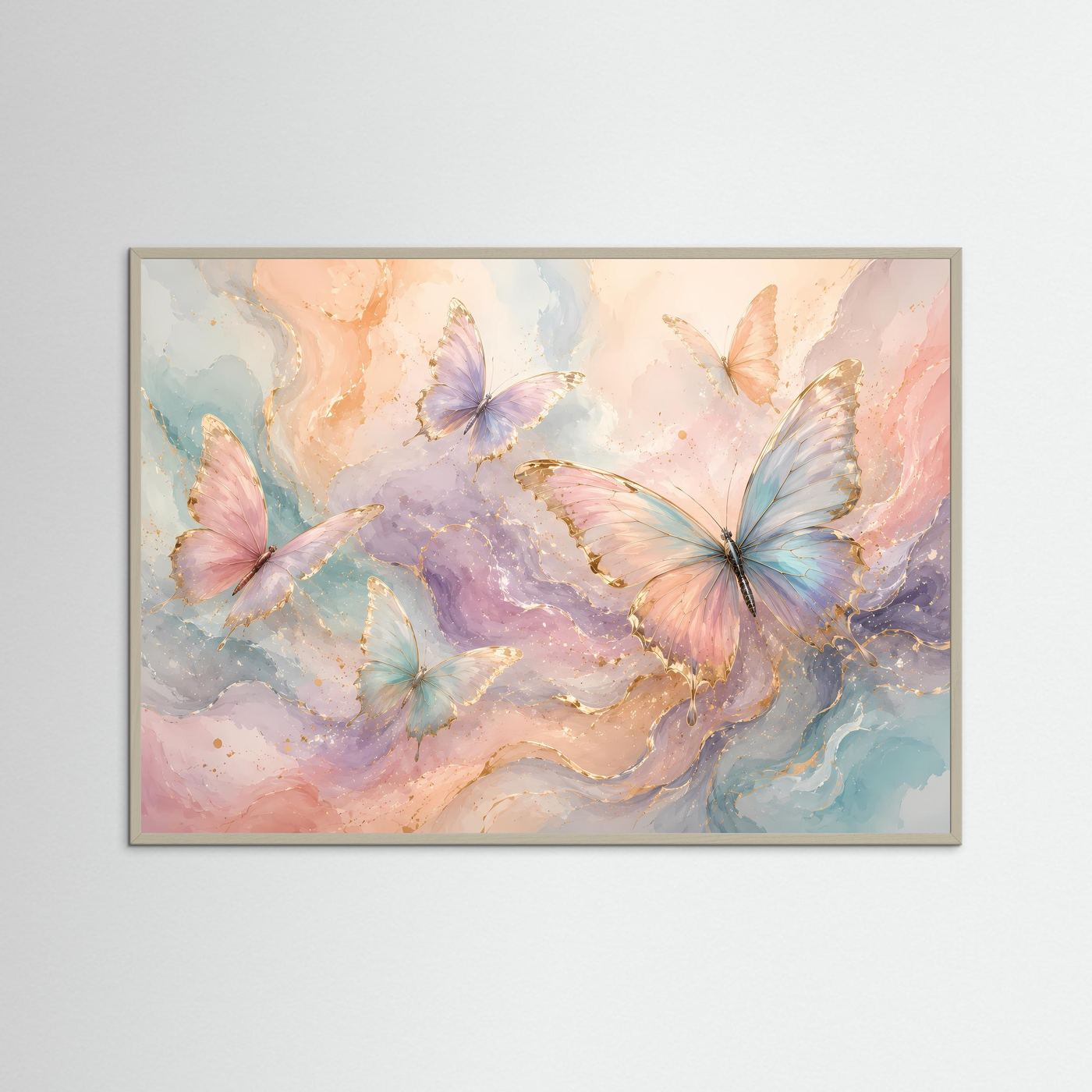 Pastell Schmetterlinge Poster | Elegante Schmetterlingskunst in Rosa Blau Gold | Moderne Aquarell Wanddekoration | Abstrakter Kunstdruck