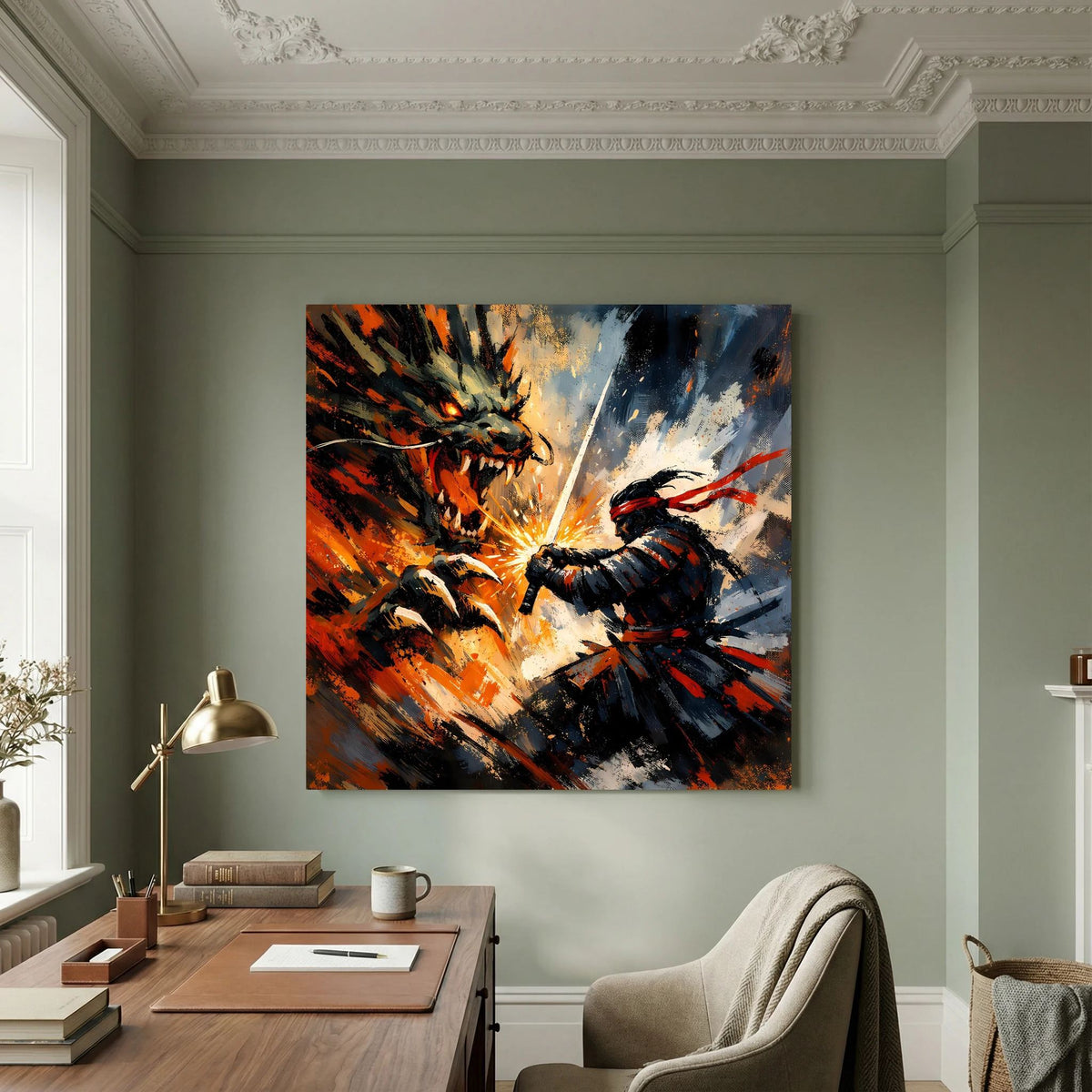 Quadratisches Leinwand-Wandbild: Samurai kämpft gegen Drache, orange-schwarze Farbexplosion