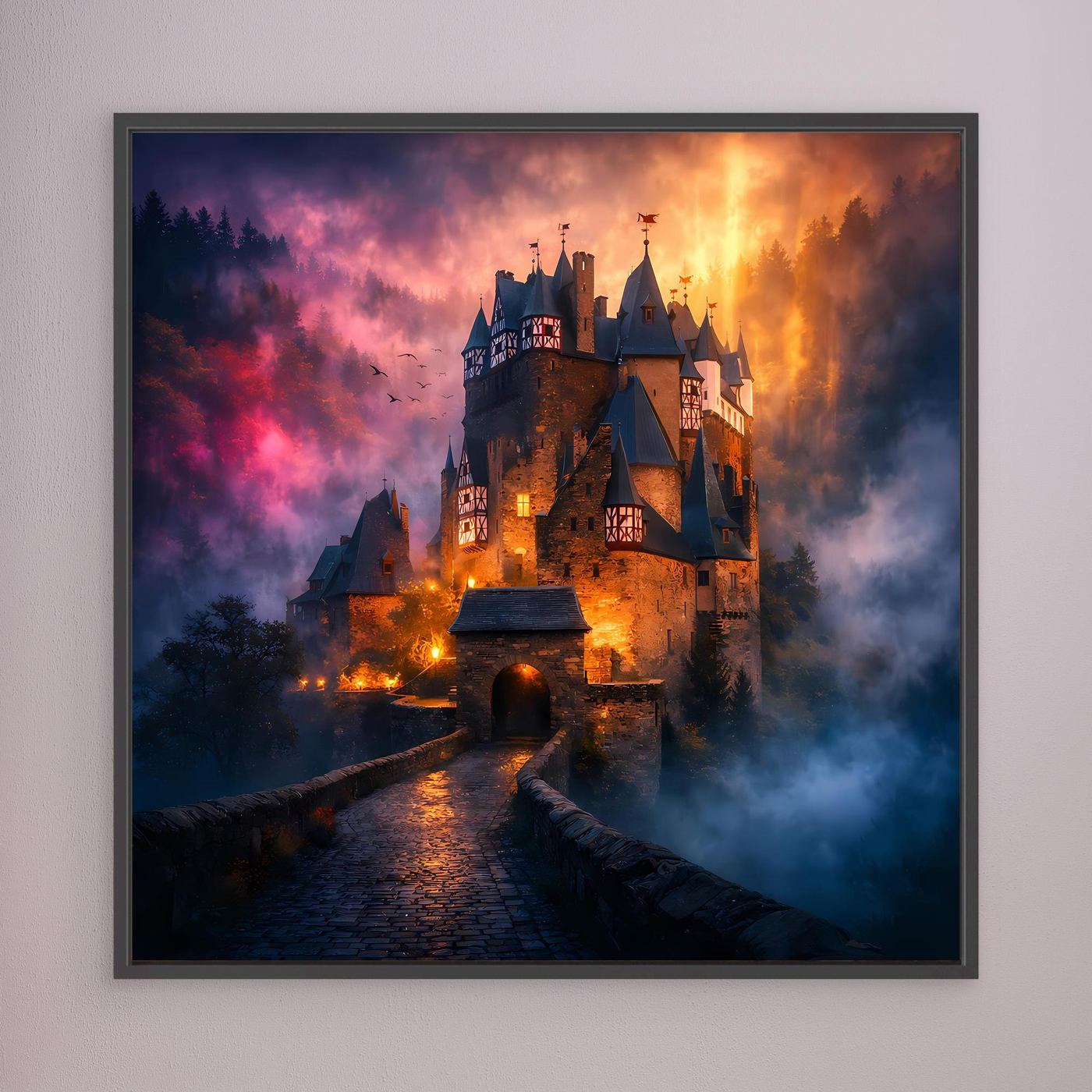 Leinwand Mystische Ritterburg im Nebel | Abstraktes Märchenschloss Wandbild