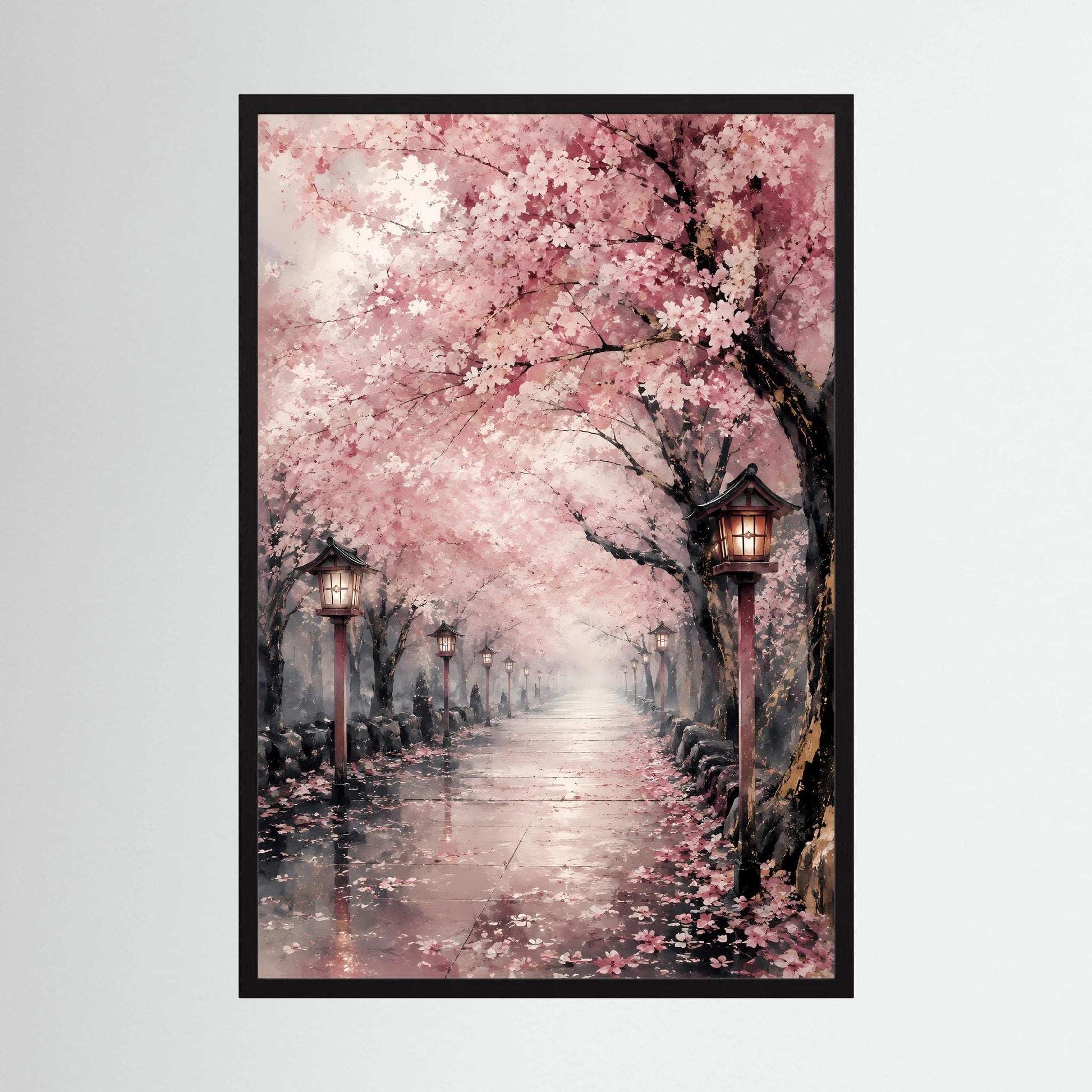 Hochformat-Poster mit rosa Kirschblütenallee und Laternen im Regen, schwarzer Rahmen