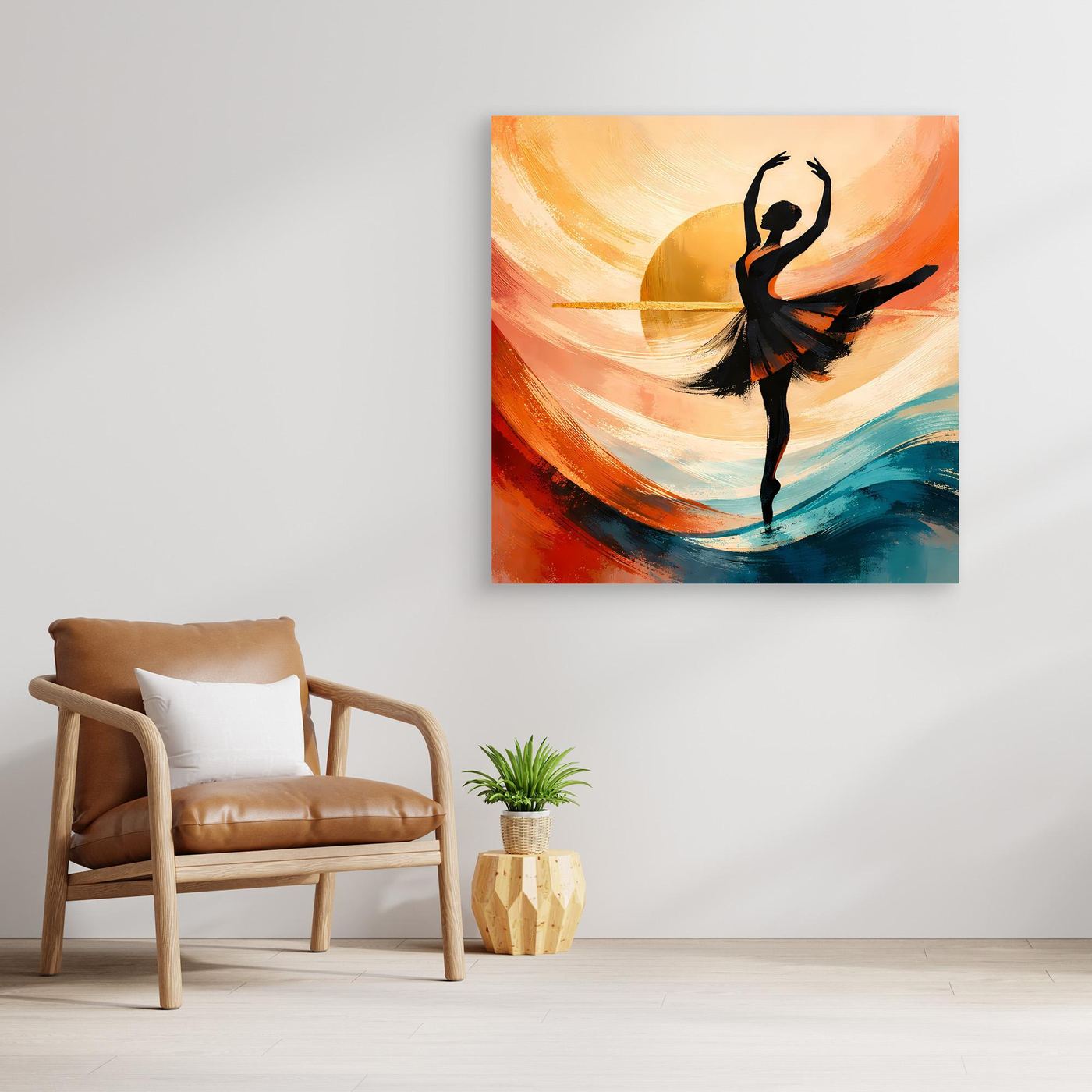 Wandbild auf Leinwand mit schwarzer Ballerina-Silhouette vor abstrakten Wellen in Orange und Blau