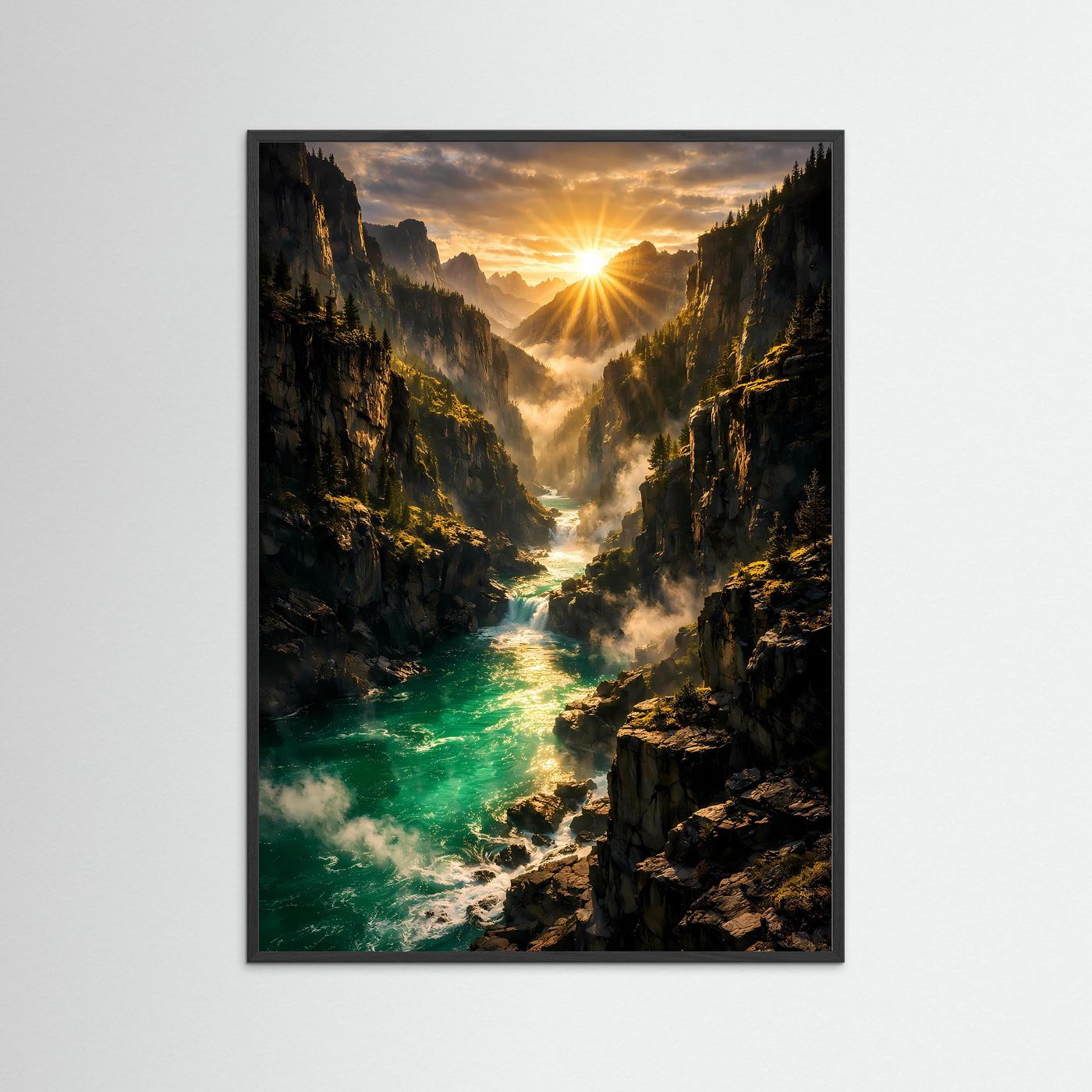 Vertikales Bergposter im schwarzen Rahmen mit Sonnenaufgang über Smaragdfluss in Schlucht
