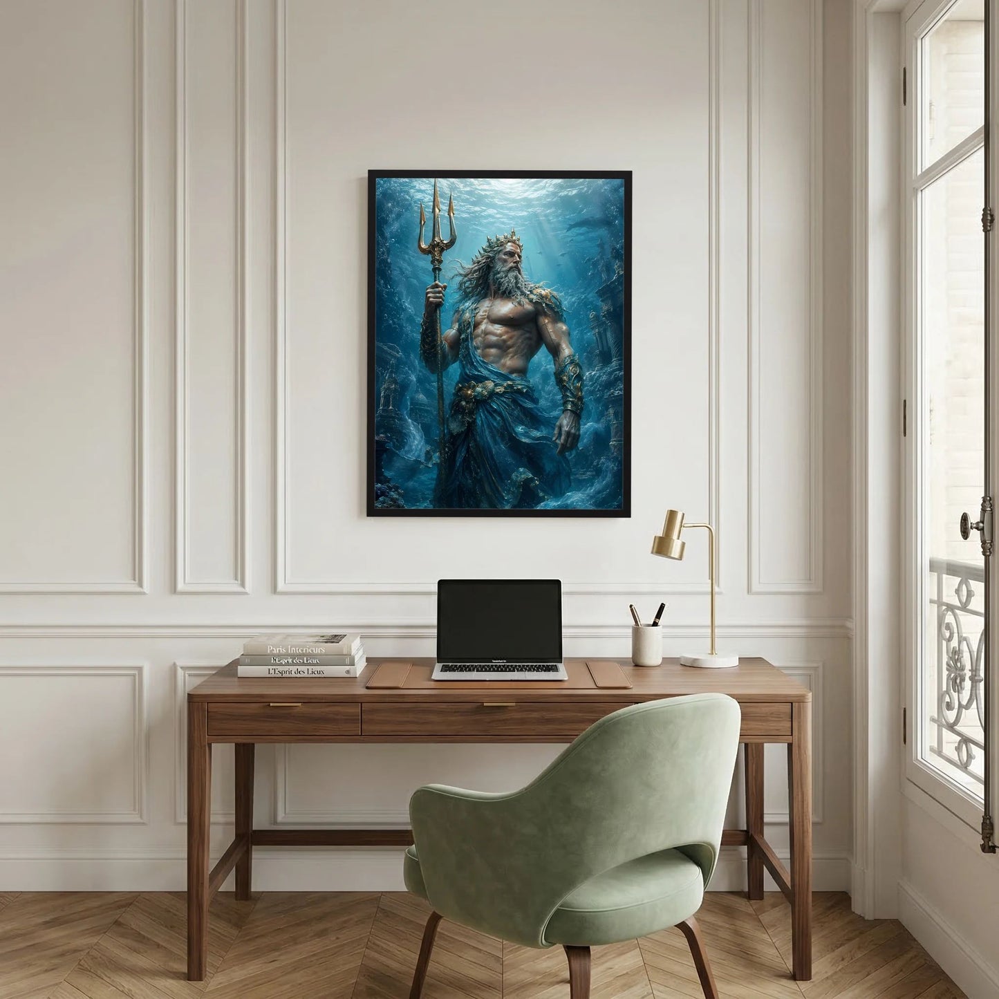 Poster mit Poseidon als Meeresgott, Dreizack in die Höhe, Unterwasserszene im Blau, schwarzer Rahmen