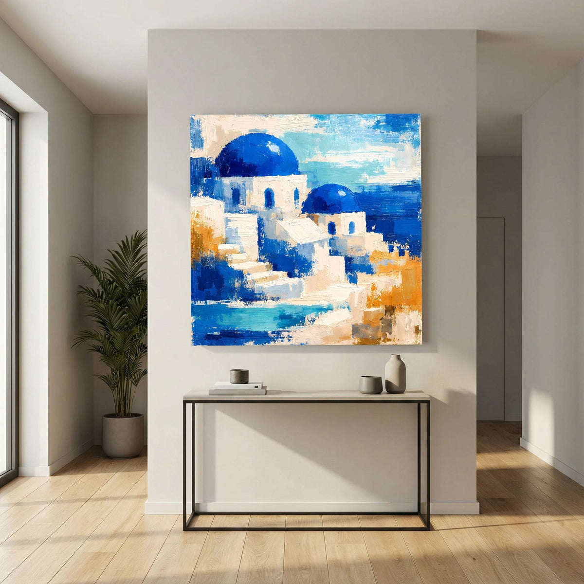 Leinwand-Wandbild mit abstrakter Häuserlandschaft in Blautönen und beigen Flächen