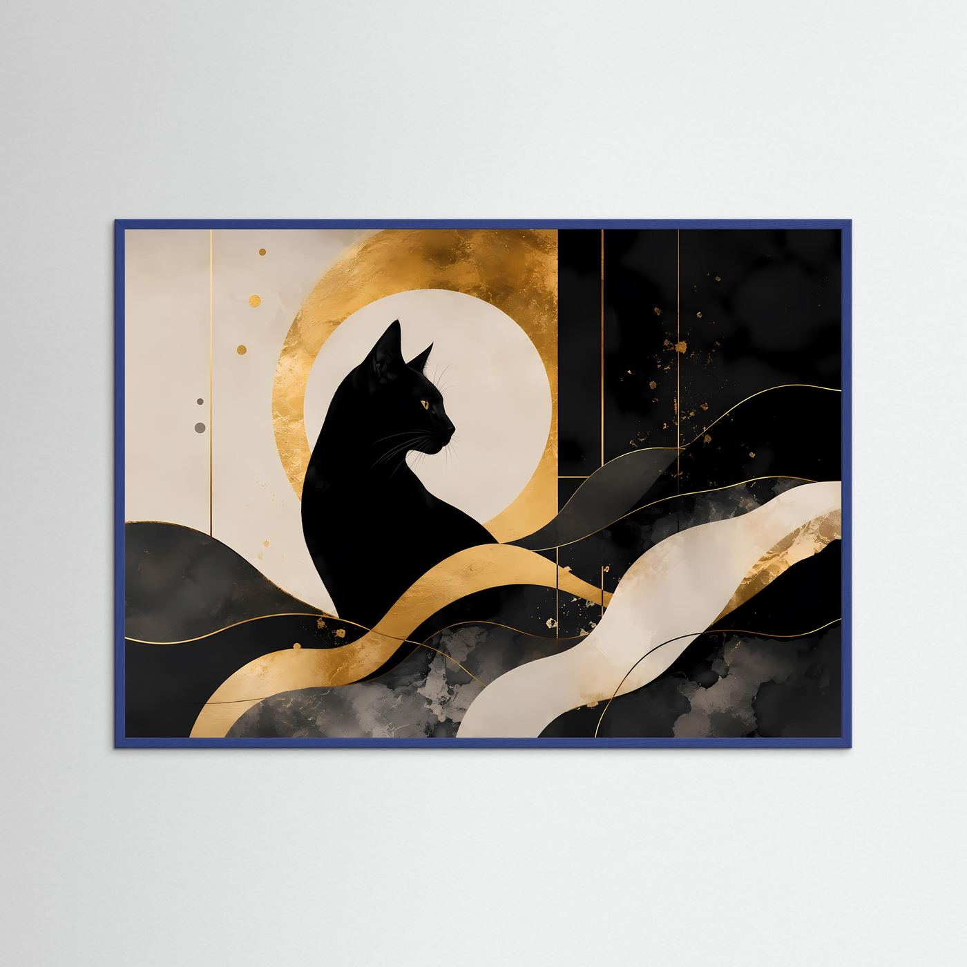 Schwarze Katze vor goldenem Mond | Abstrakte Katzenkunst in Schwarz & Gold