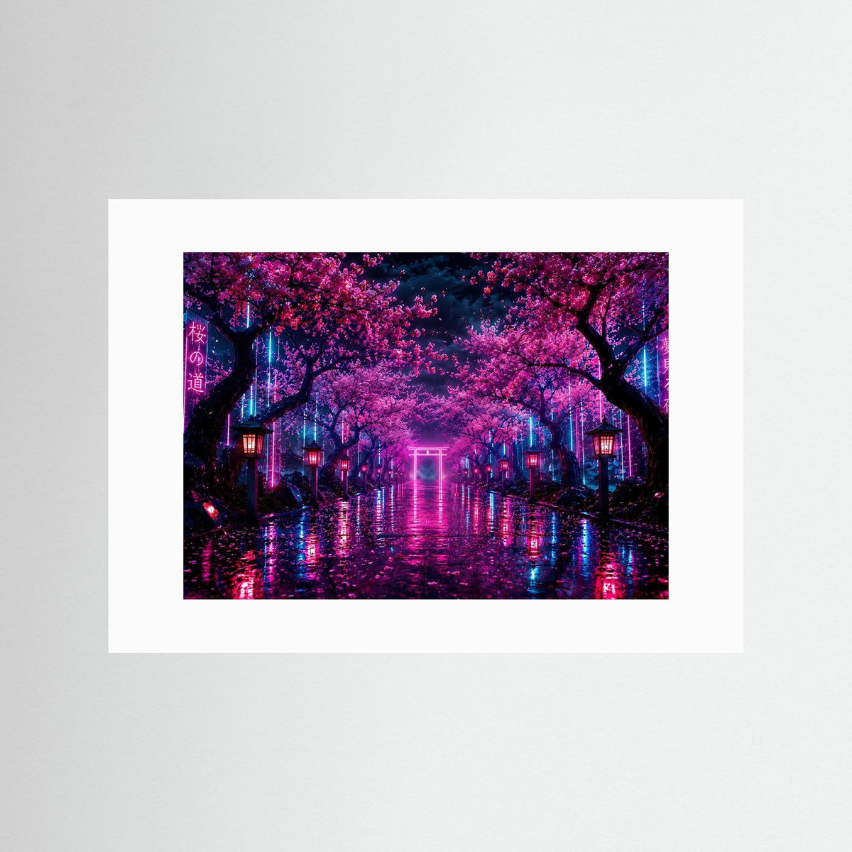 Neon-Wandbild im weißen Passepartout: Kirschblütenallee bei Nacht mit pinken und blauen Neonlichtern