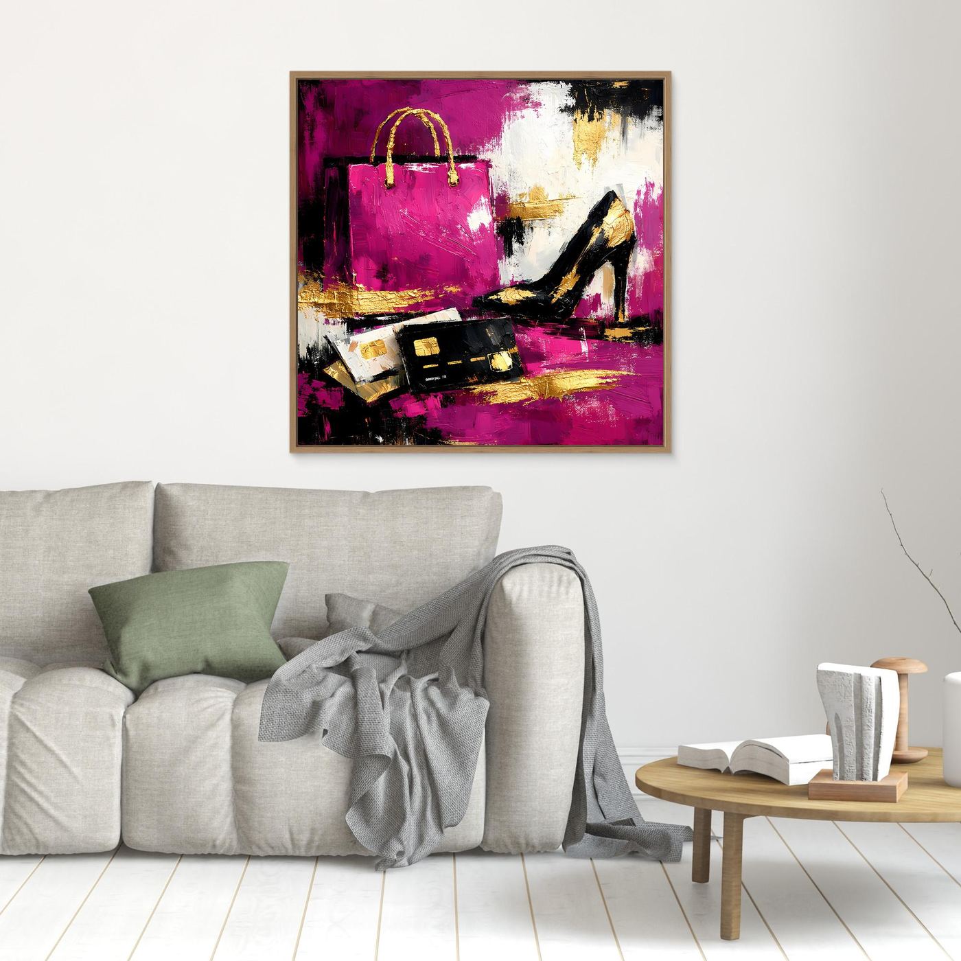 Leinwand Abstraktes Fashion Wandbild in Pink und Gold | Modernes High Heels & Shopping Gemälde