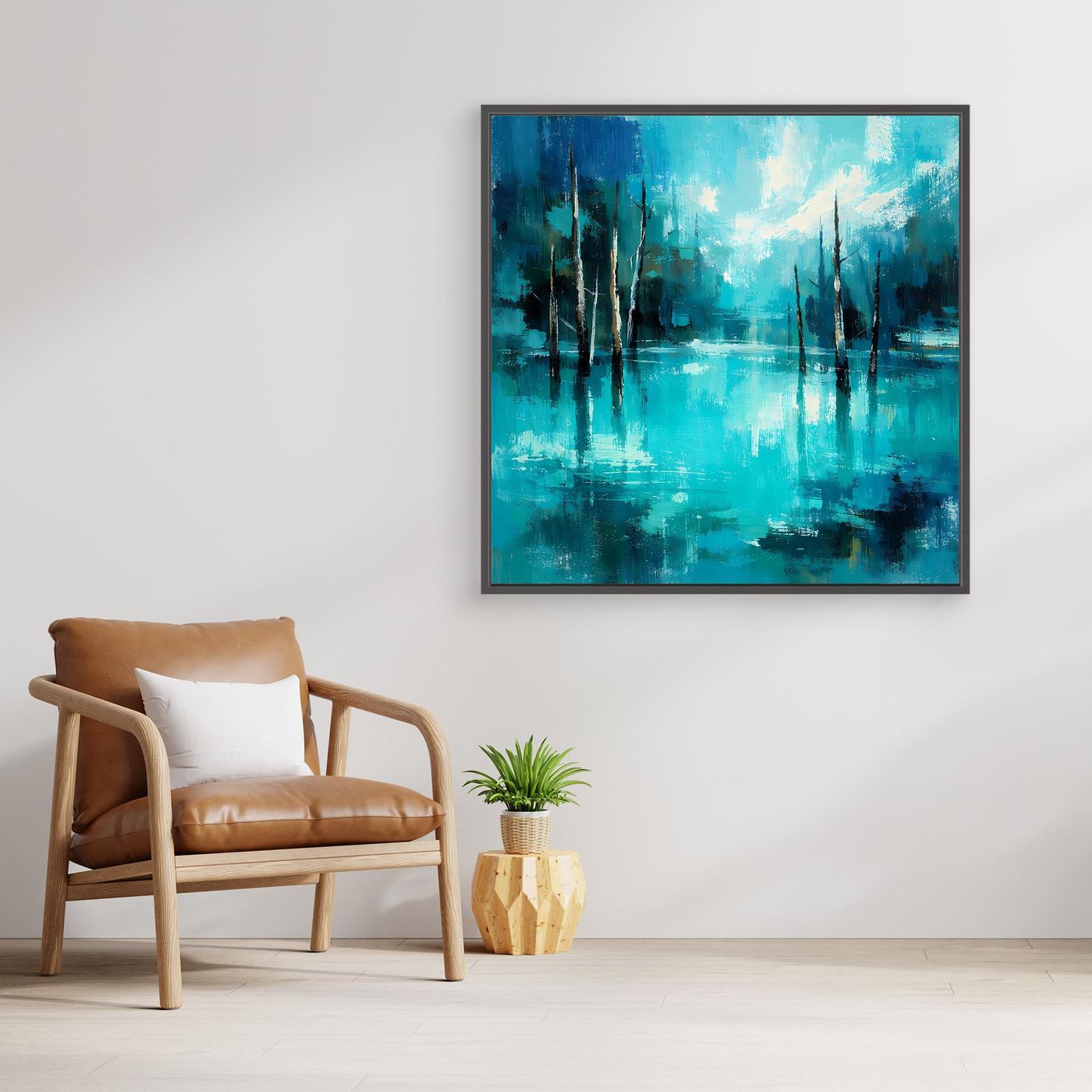 Gerahmtes abstraktes Leinwandbild mit türkisblauem Wasser und Waldsilhouetten