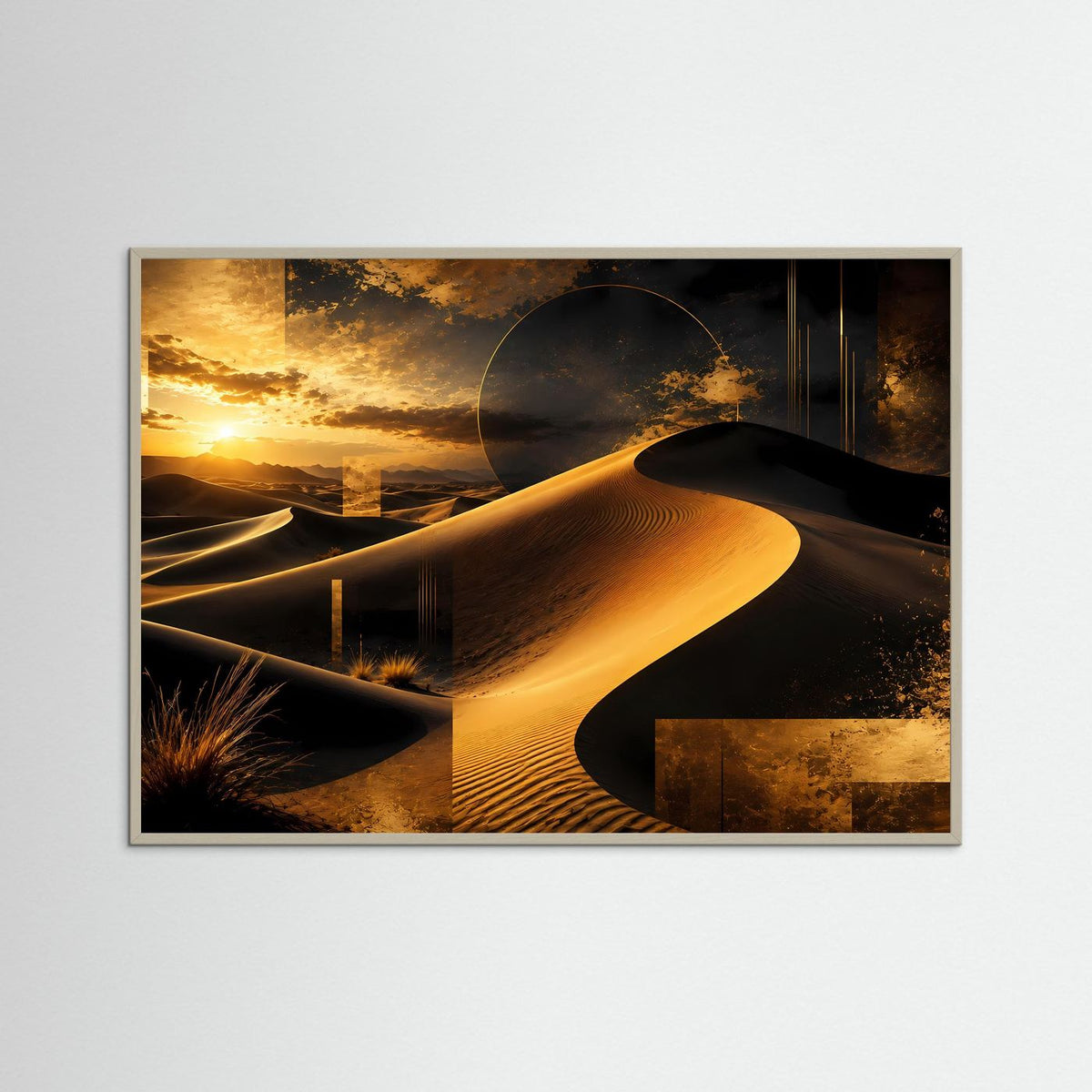 Wüstenposter mit goldener Sanddüne und Sonnenuntergang, grauer Holzrahmen