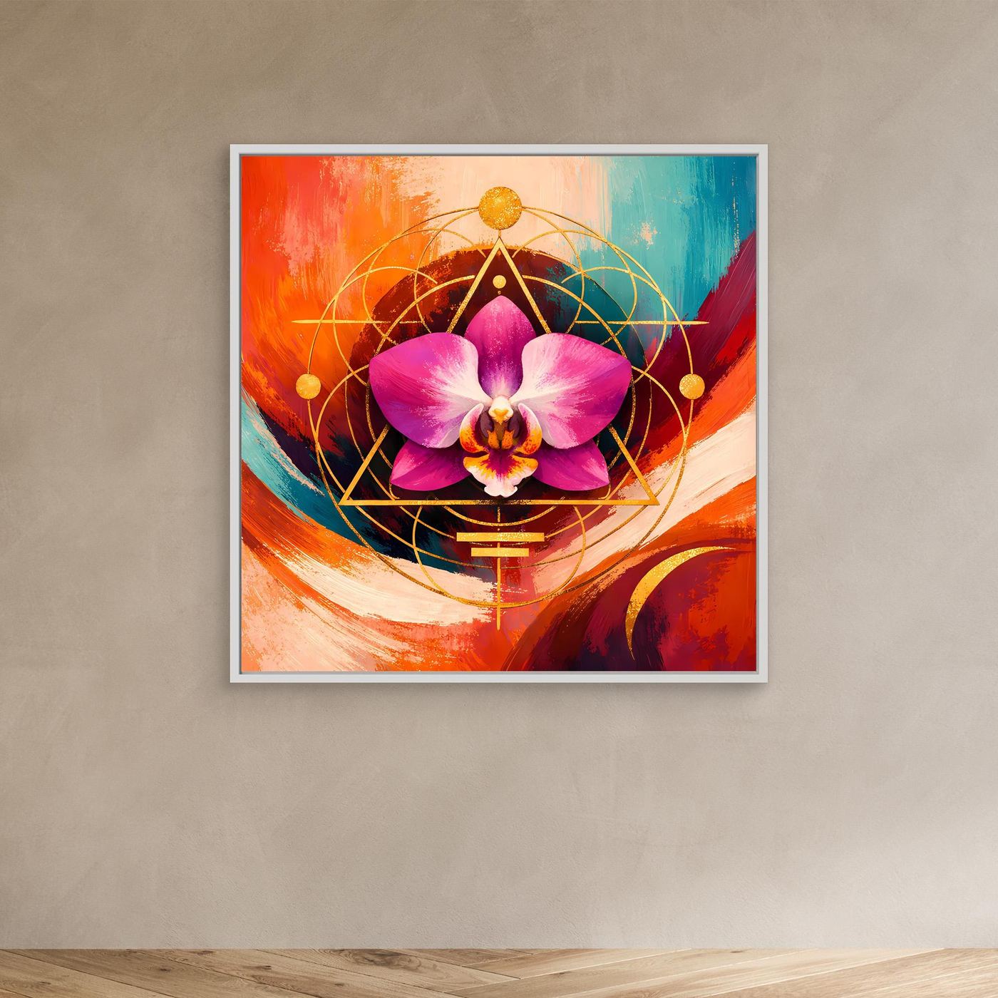 Quadratisches Leinwandbild mit pinker Orchidee und goldener Geometrie, mit Holzrahmen
