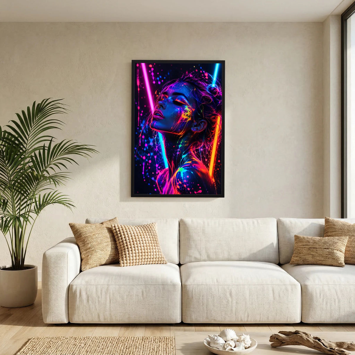 Neon-Porträt-Poster mit schwarzem Rahmen: Frau im Neon-Look, farbige Lichtkanten